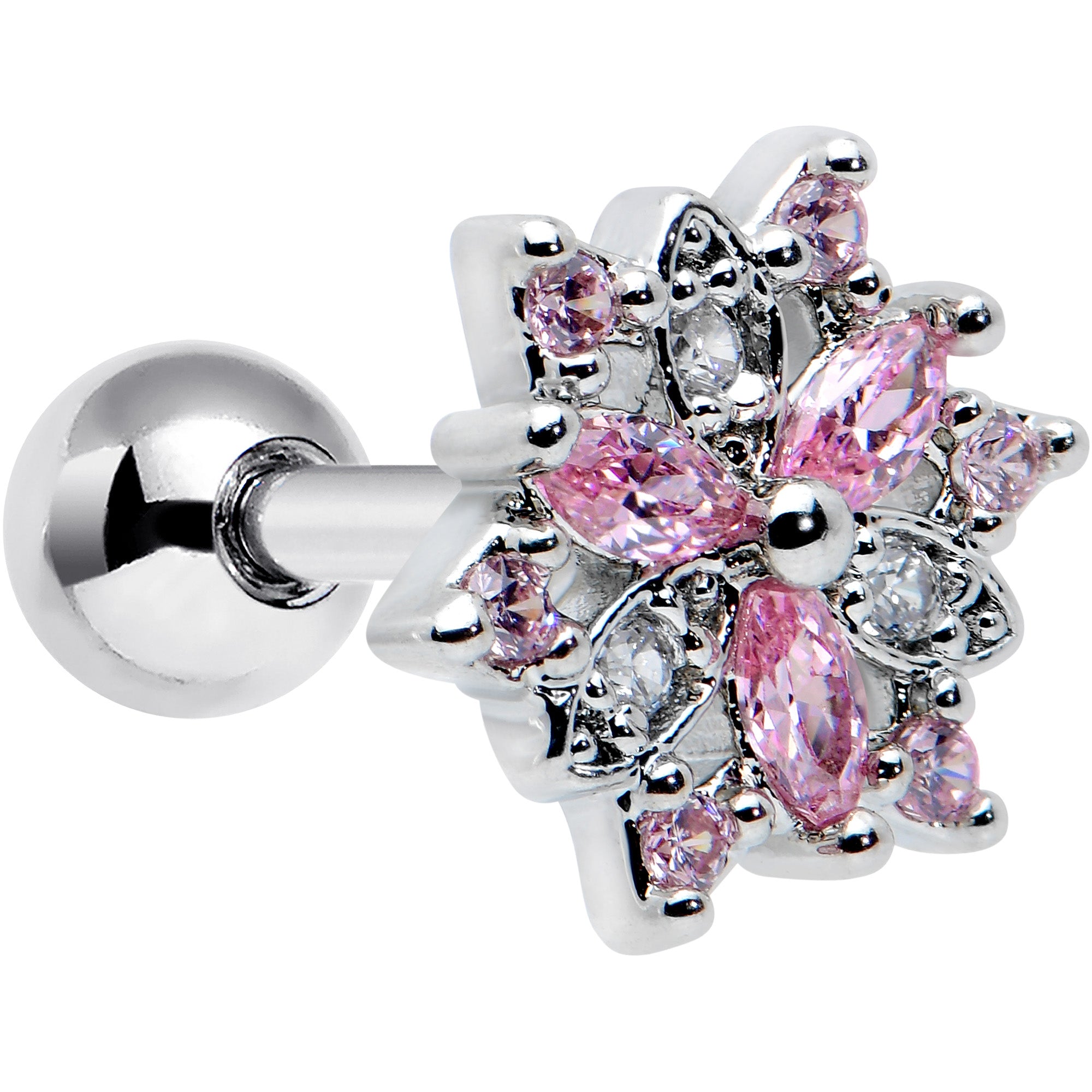 16 Gauge 1/4 Pink Clear CZ Gem Snowflake Cartilage Tragus Earring