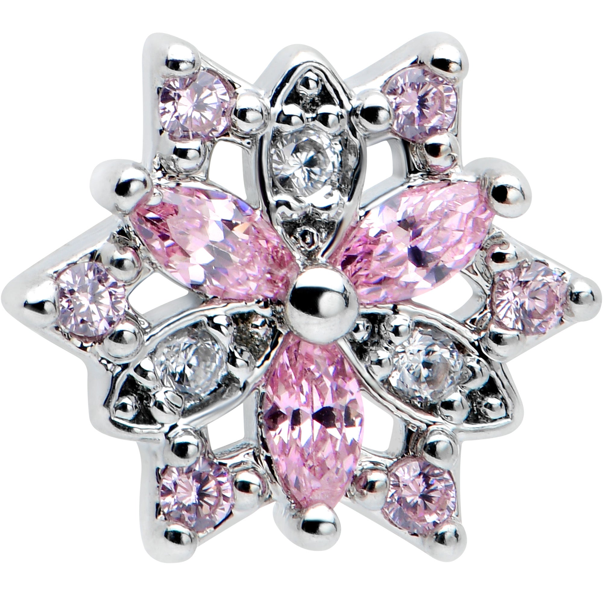 16 Gauge 1/4 Pink Clear CZ Gem Snowflake Cartilage Tragus Earring