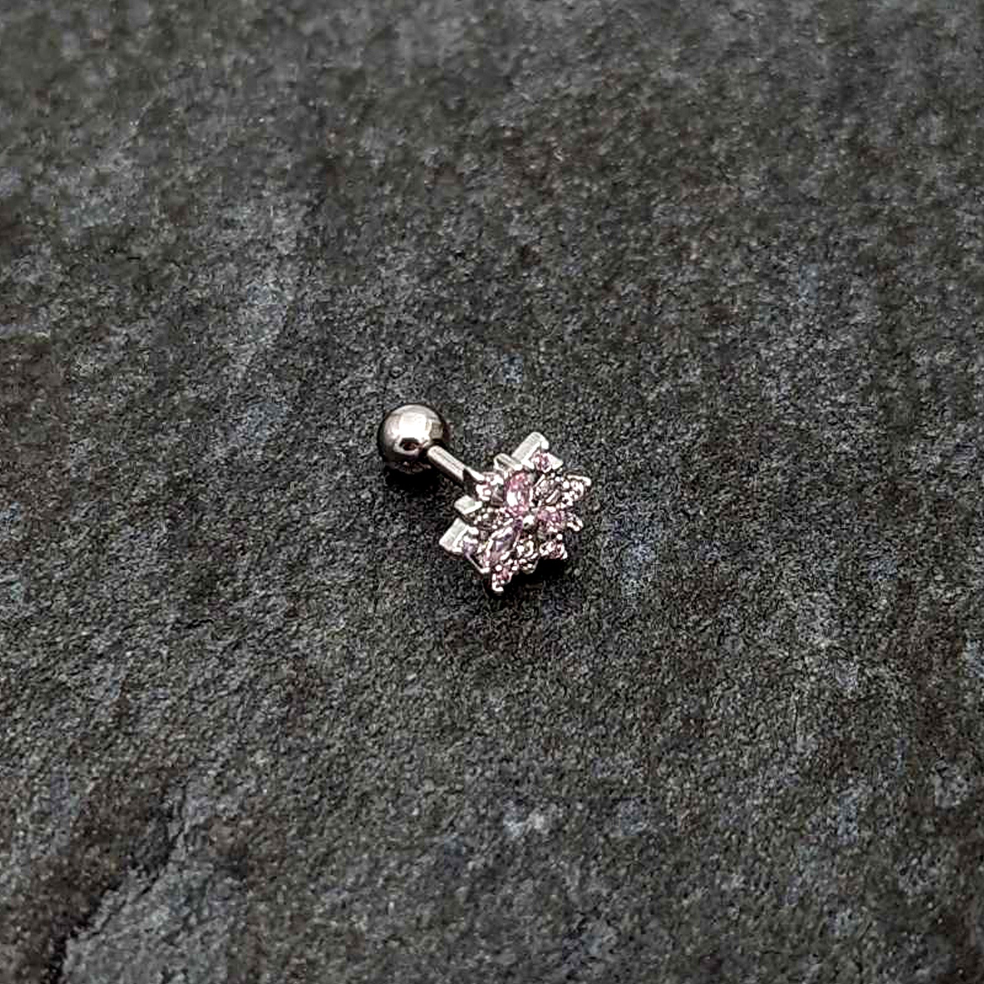 16 Gauge 1/4 Pink Clear CZ Gem Snowflake Cartilage Tragus Earring