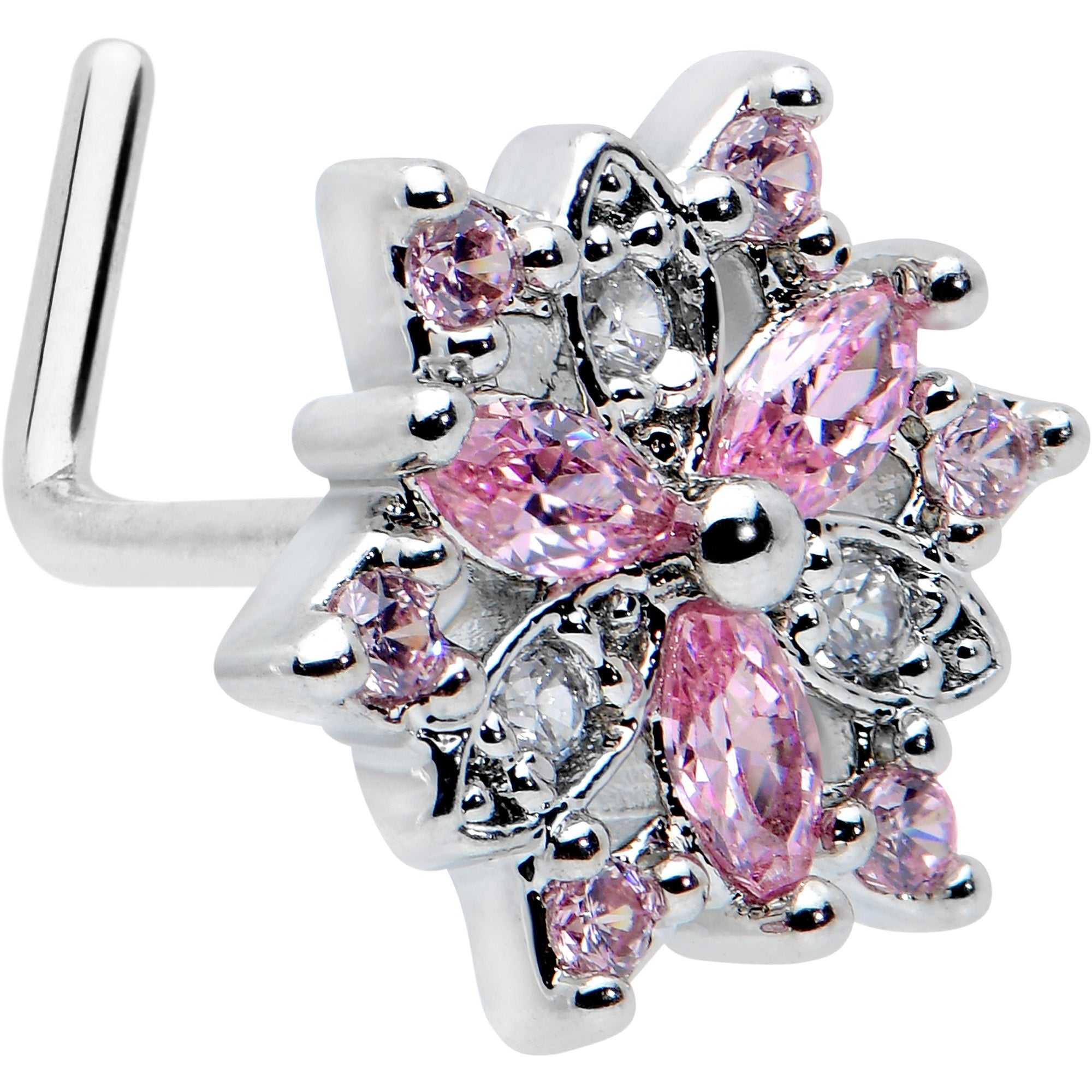 20 Gauge 7mm Pink Clear CZ Gem Snowflake L Shape Nose Ring