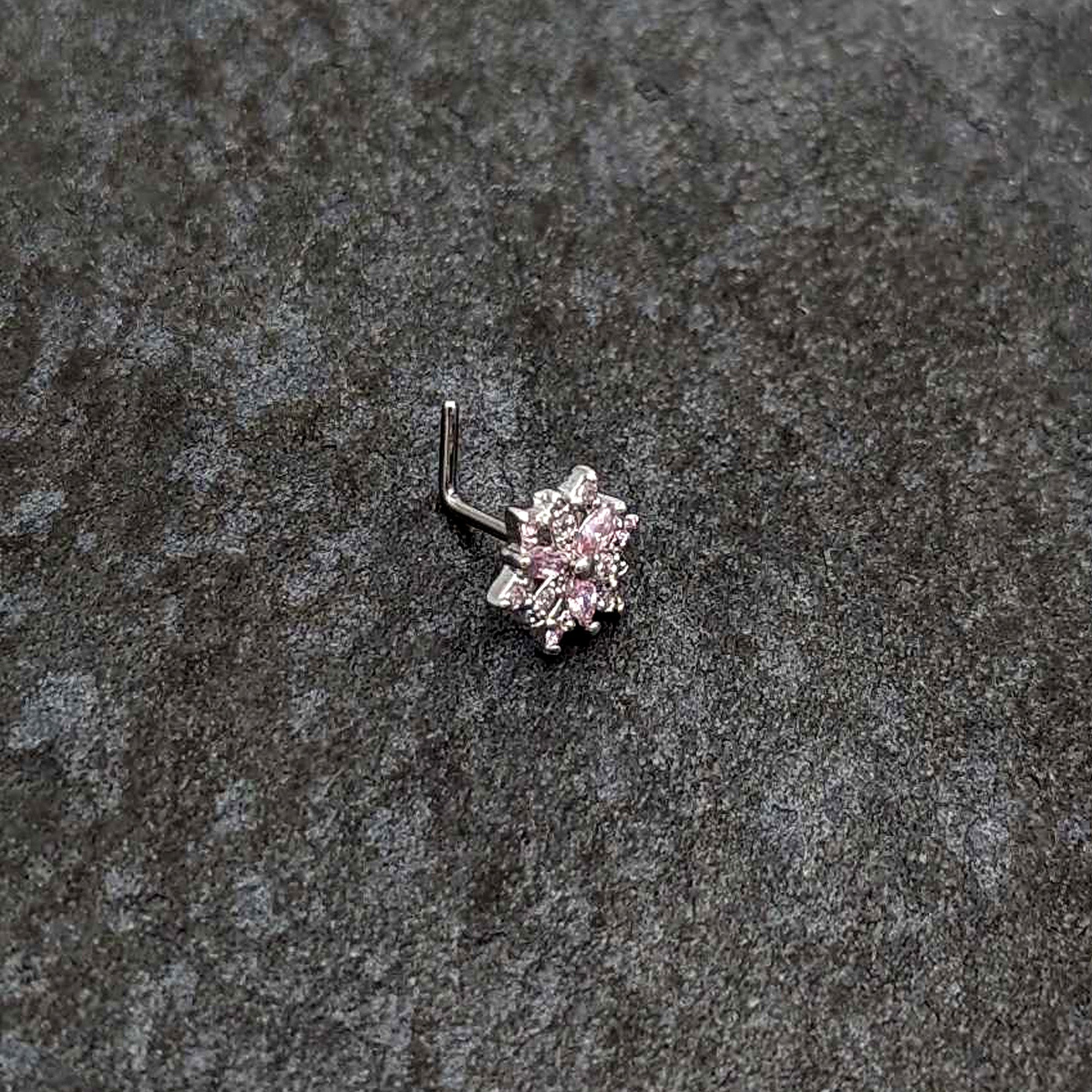 20 Gauge 7mm Pink Clear CZ Gem Snowflake L Shape Nose Ring