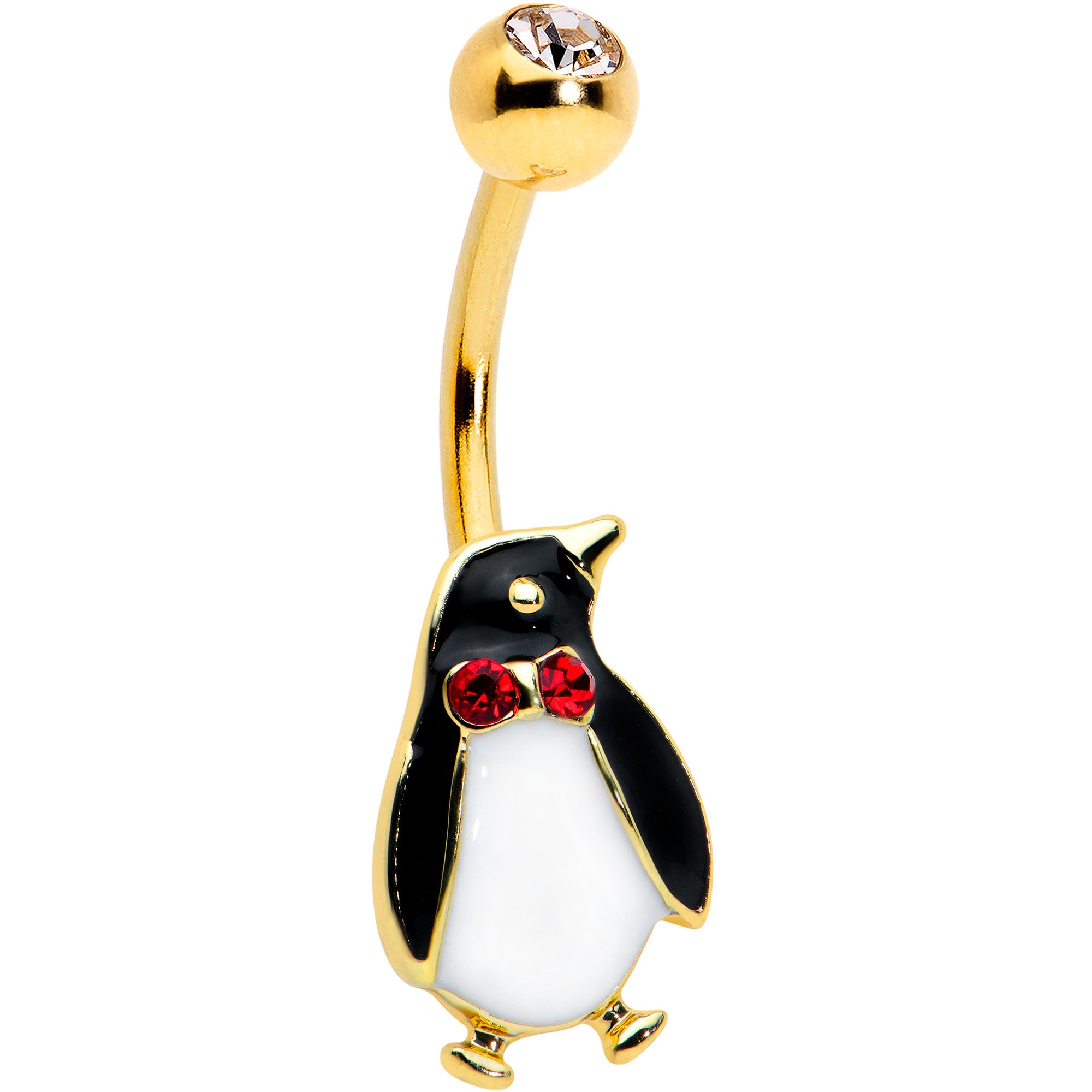 Clear Red Gem Gold Tone Bow Tie Penguin Holiday Belly Ring