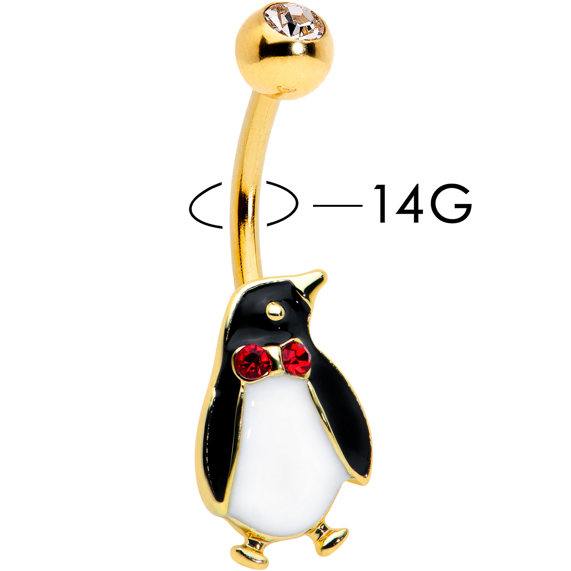 Clear Red Gem Gold Tone Bow Tie Penguin Holiday Belly Ring