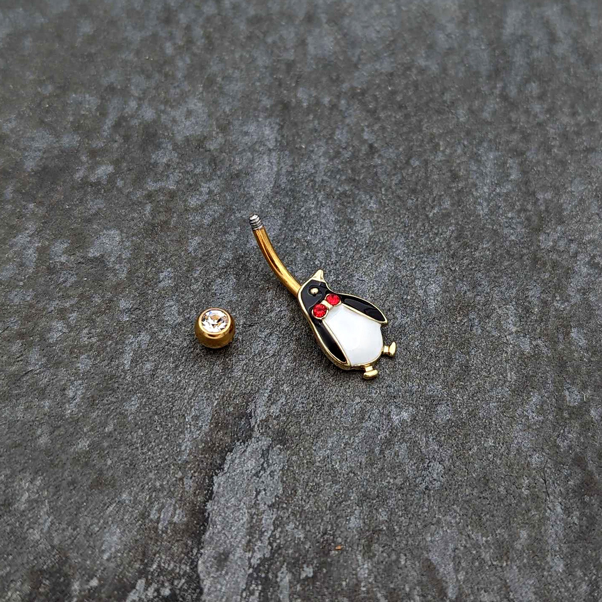 Clear Red Gem Gold Tone Bow Tie Penguin Holiday Belly Ring