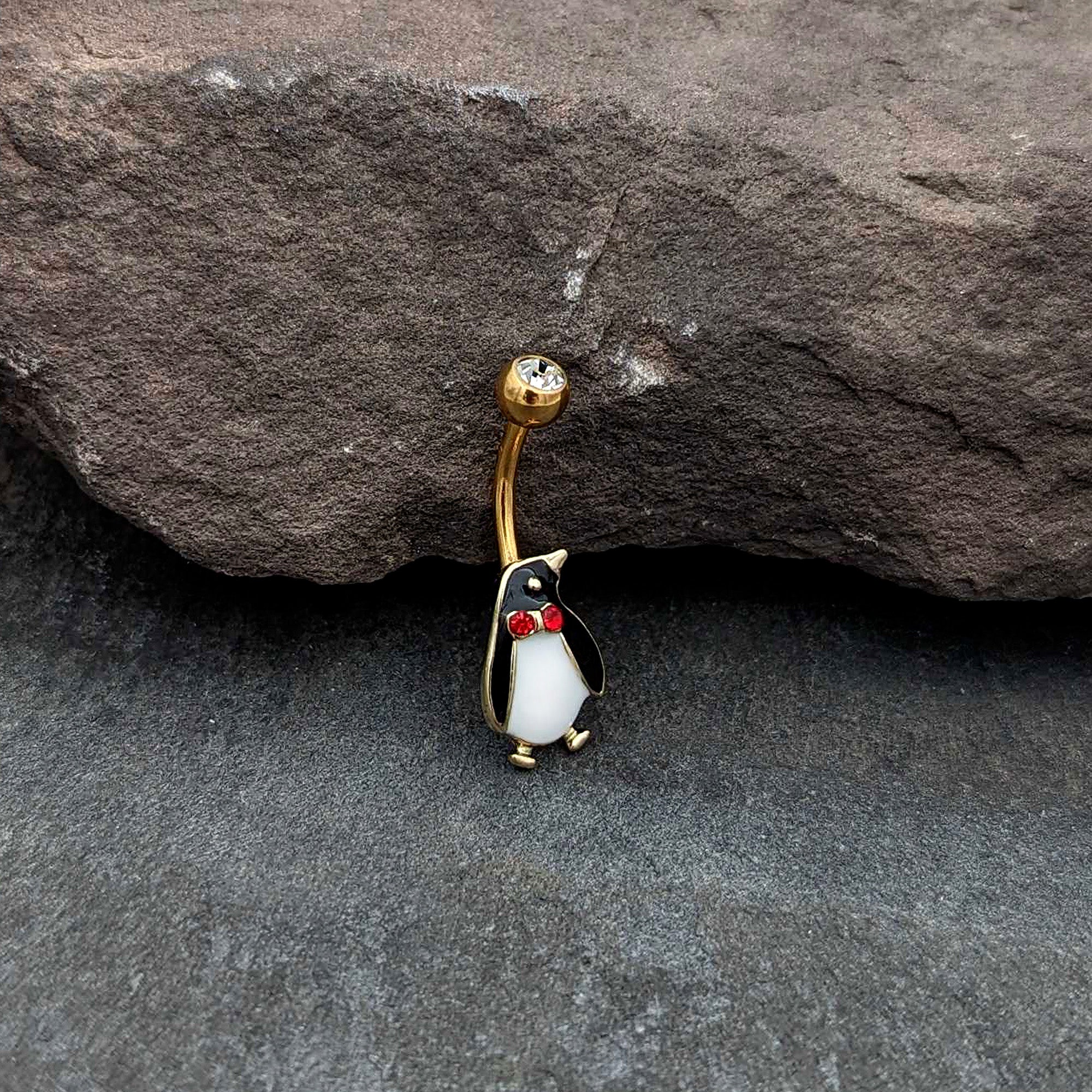 Clear Red Gem Gold Tone Bow Tie Penguin Holiday Belly Ring