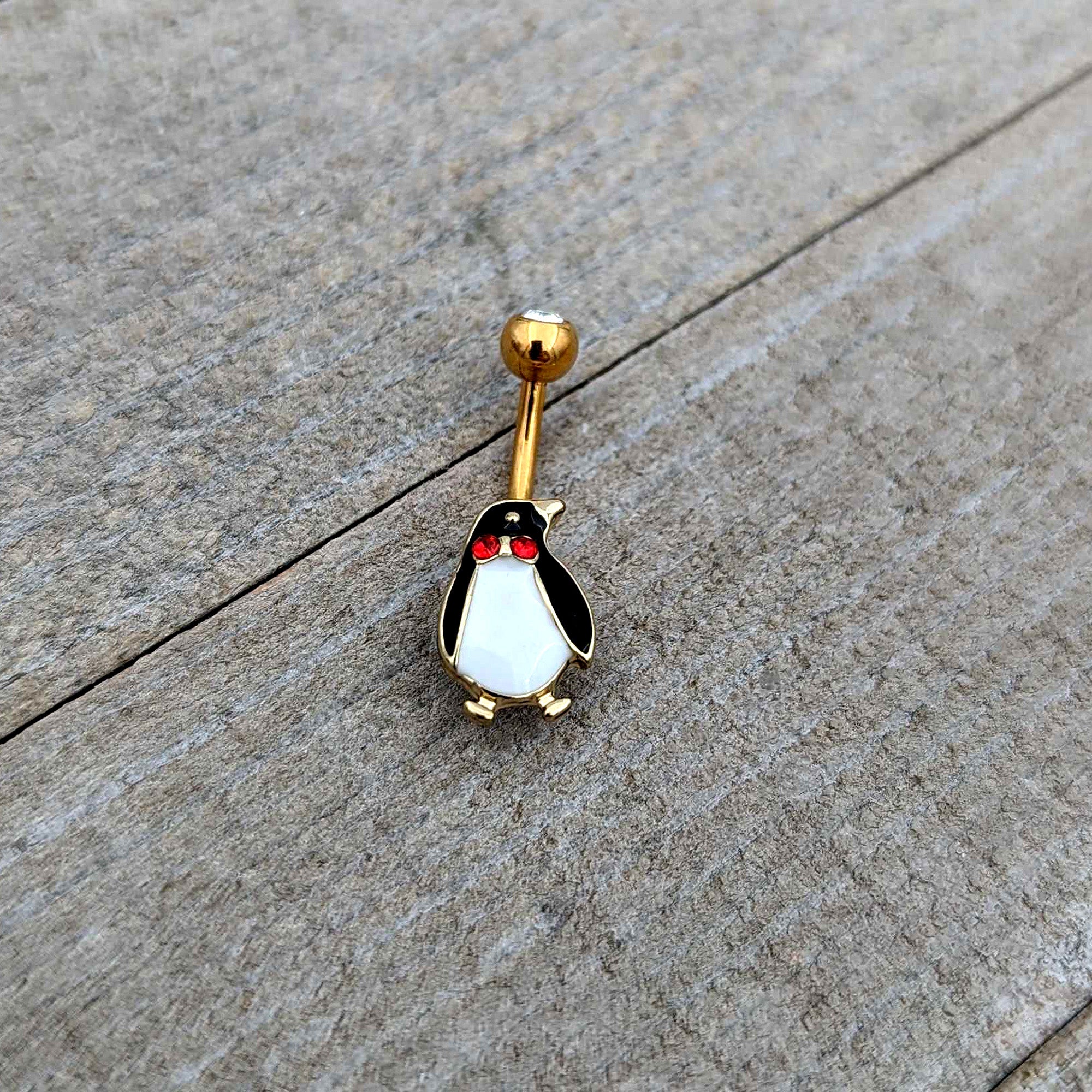 Clear Red Gem Gold Tone Bow Tie Penguin Holiday Belly Ring