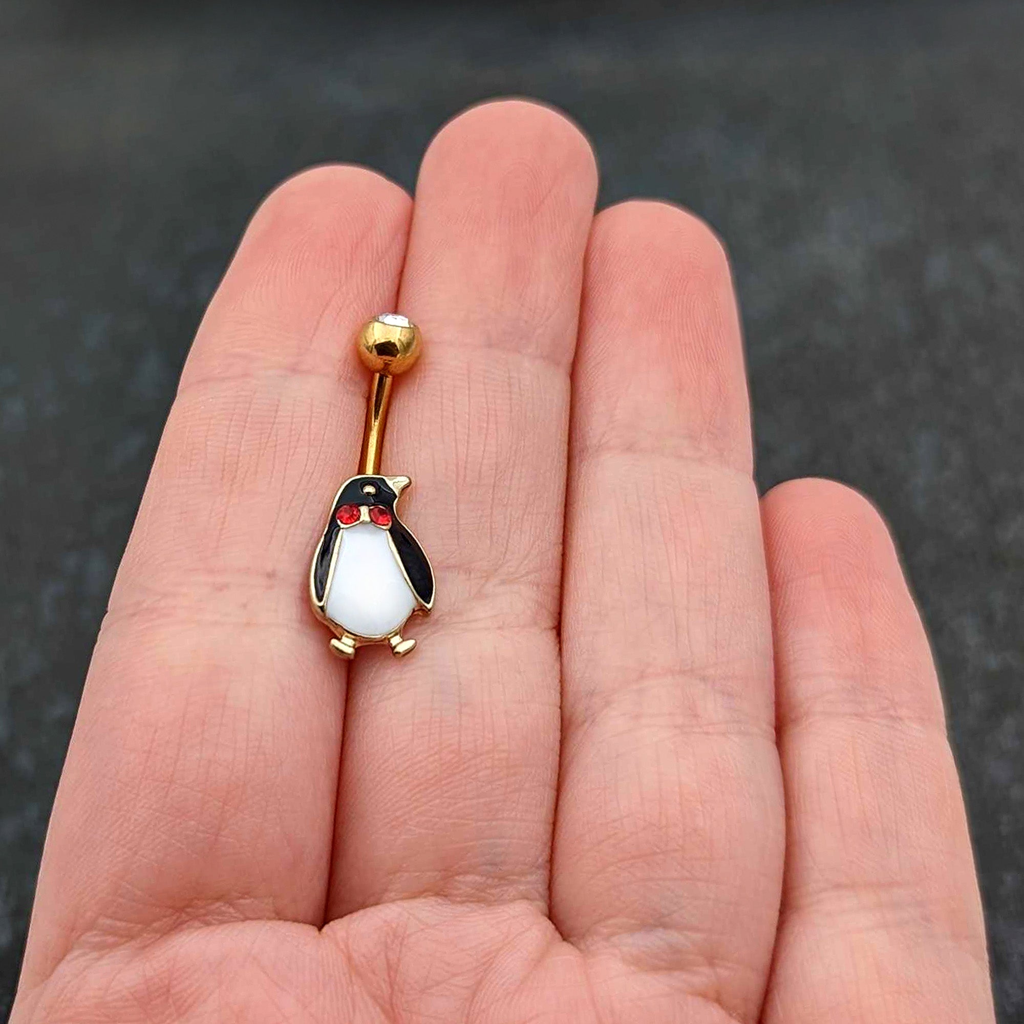 Clear Red Gem Gold Tone Bow Tie Penguin Holiday Belly Ring