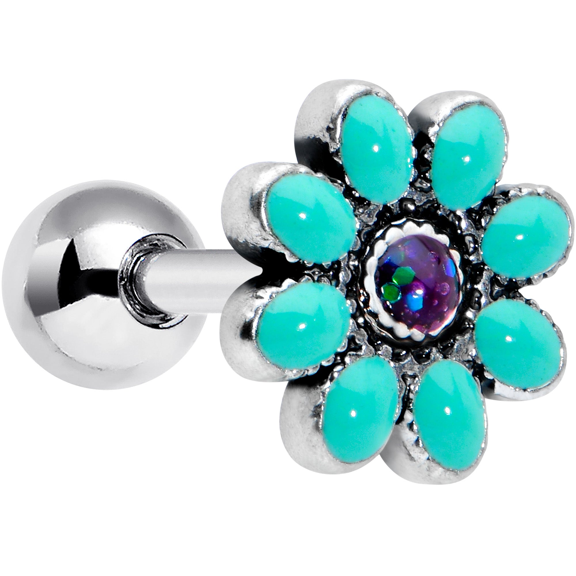 16 Gauge 1/4 Blue Gem Flower Teal Petals Cartilage Tragus Earring