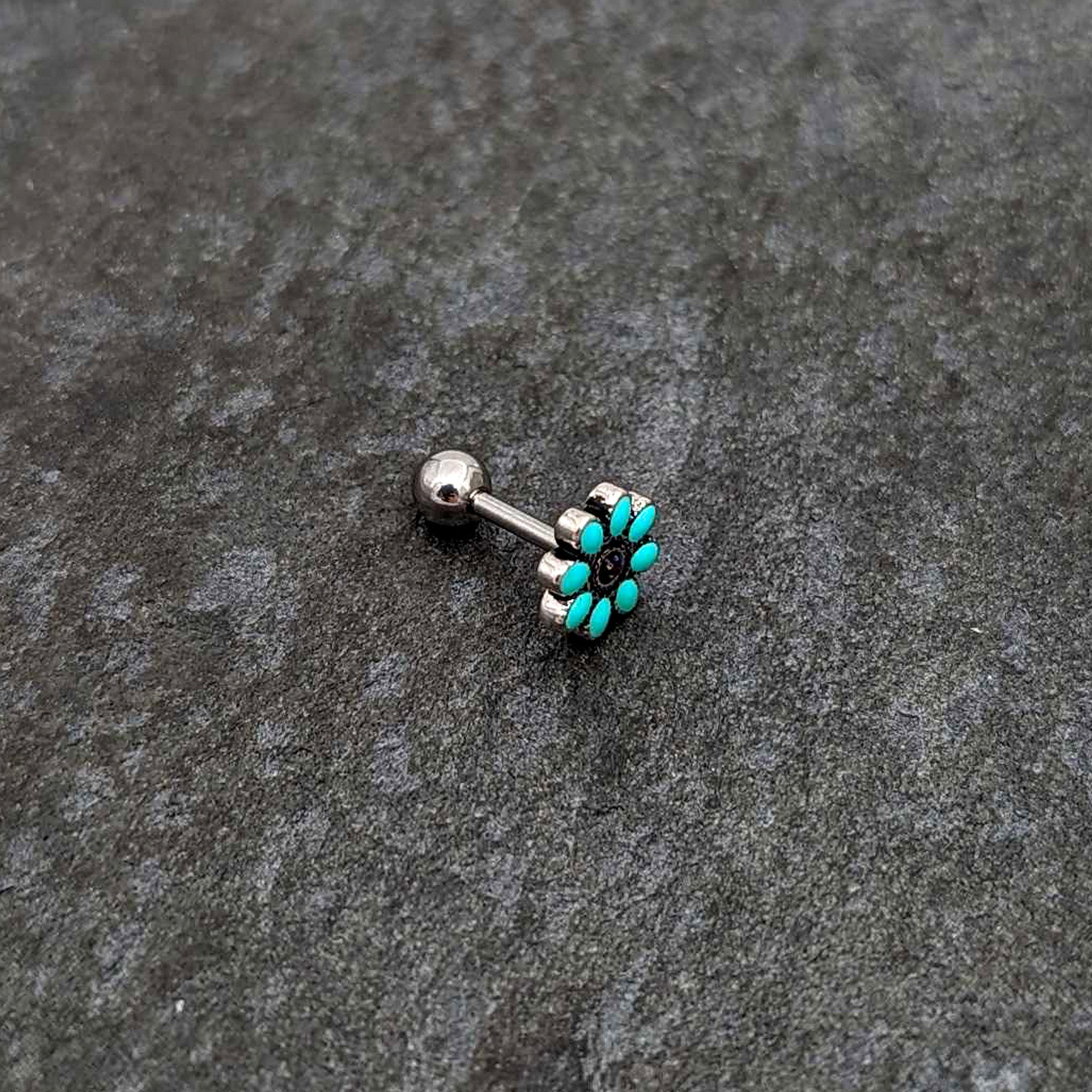 16 Gauge 1/4 Blue Gem Flower Teal Petals Cartilage Tragus Earring