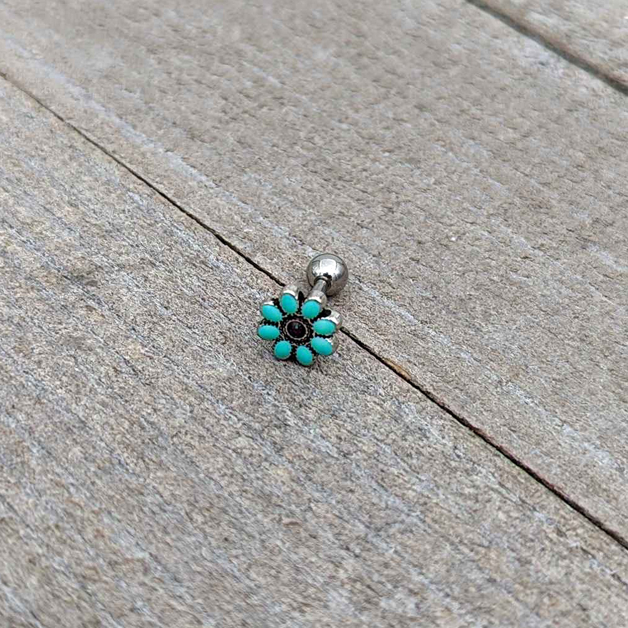 16 Gauge 1/4 Blue Gem Flower Teal Petals Cartilage Tragus Earring