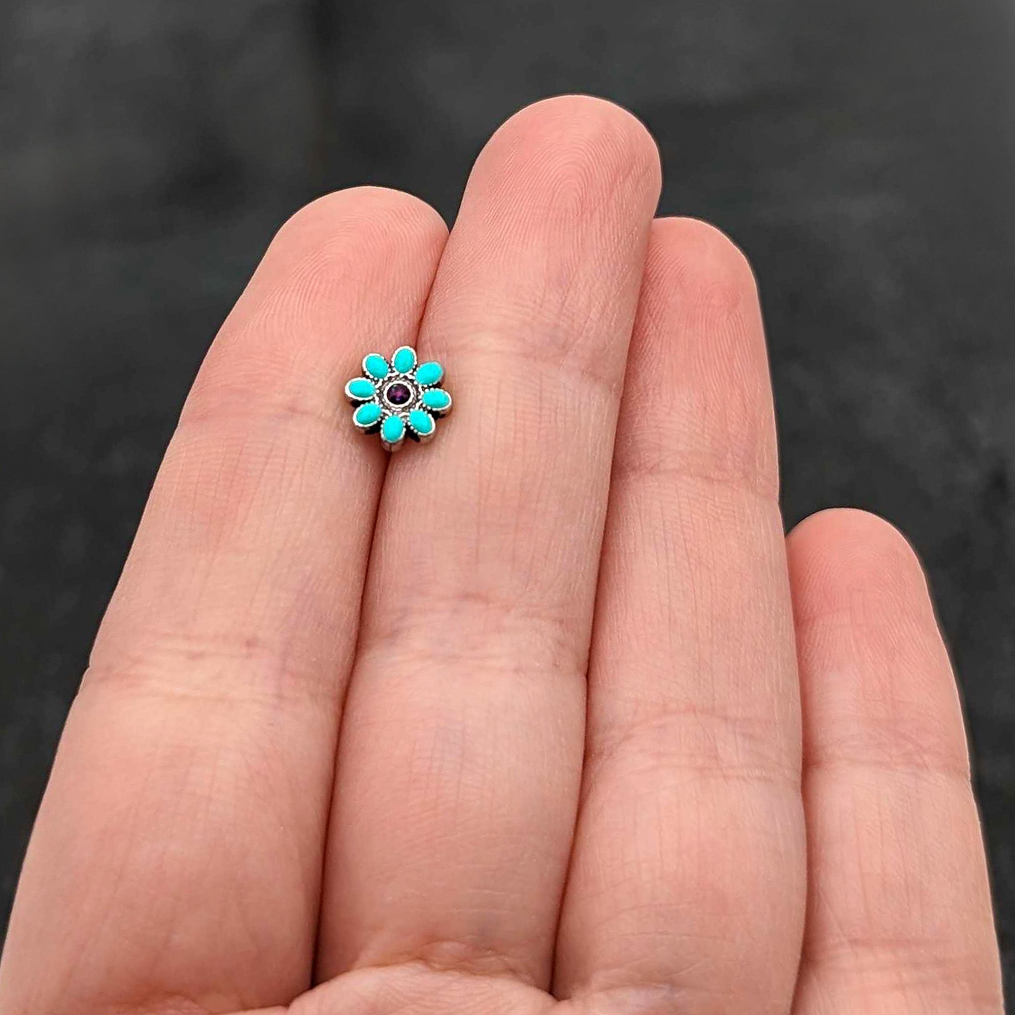 16 Gauge 1/4 Blue Gem Flower Teal Petals Cartilage Tragus Earring