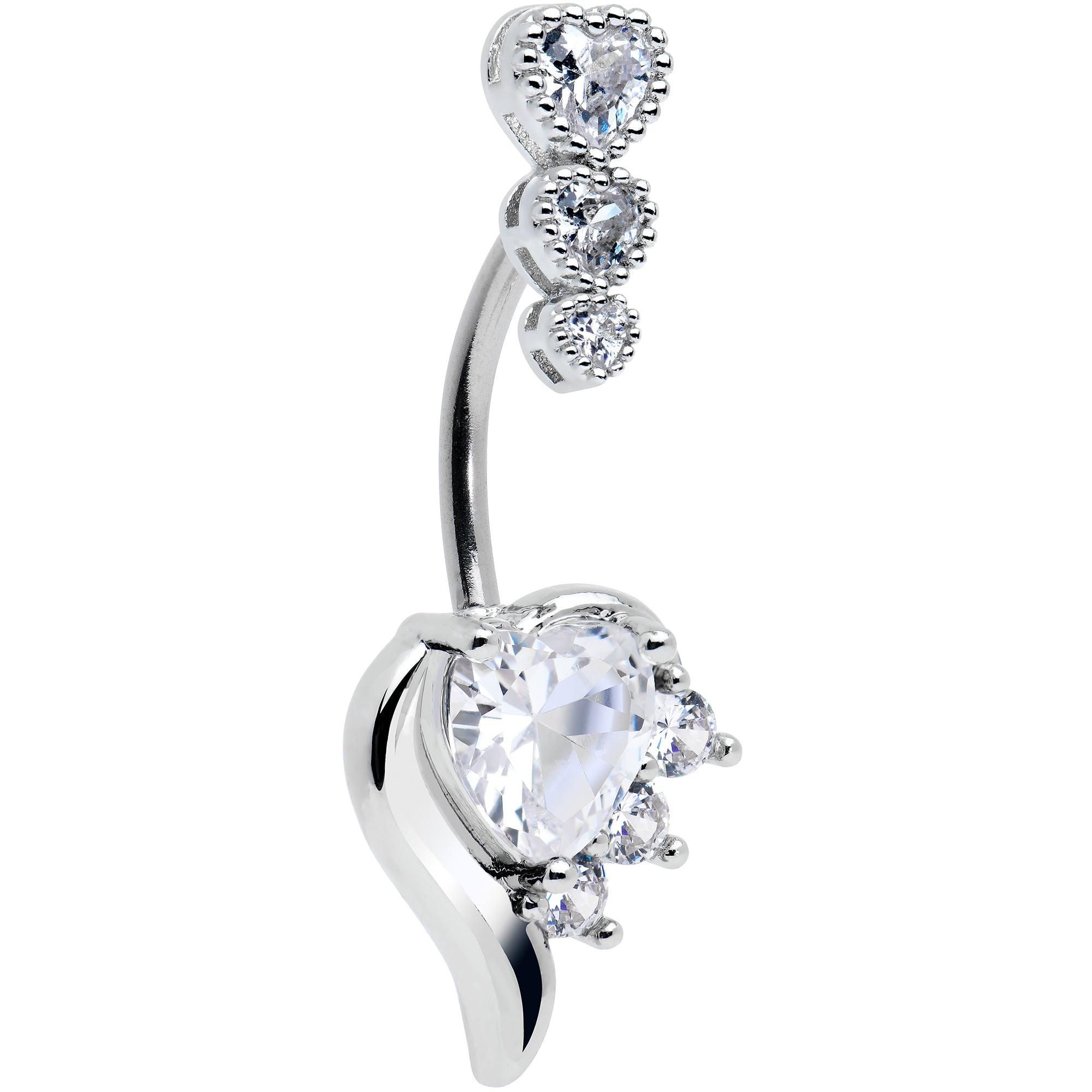 Clear CZ Gem Triple Drop Flare Heart Valentine Double Mount Belly Ring