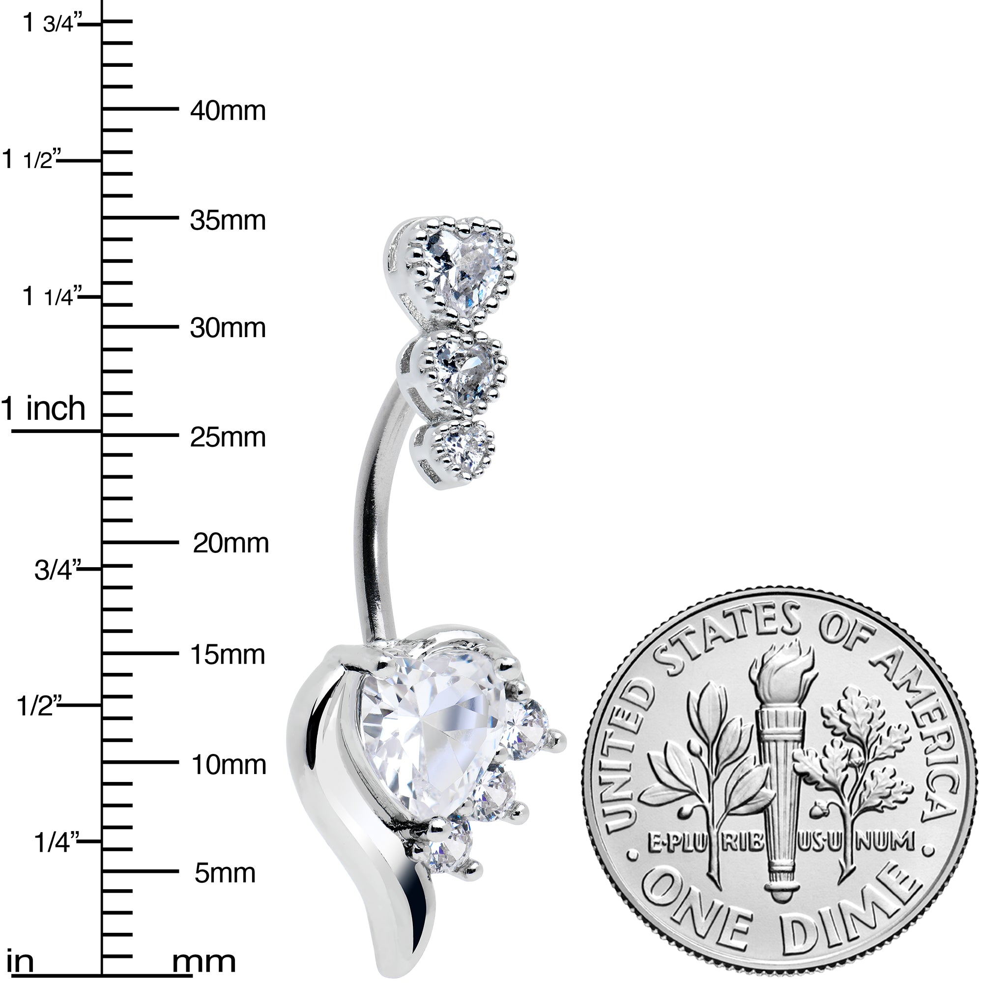 Clear CZ Gem Triple Drop Flare Heart Valentine Double Mount Belly Ring