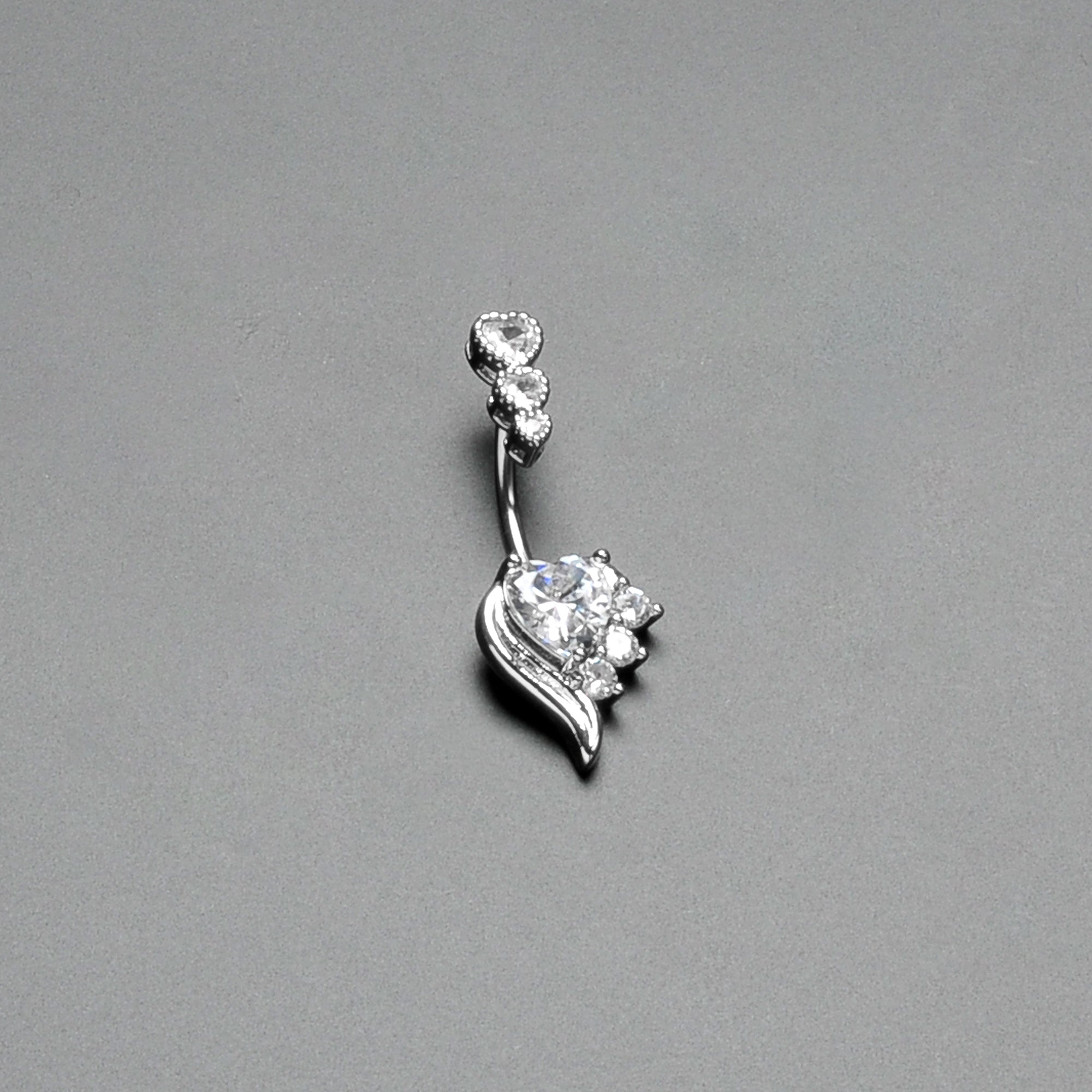 Clear CZ Gem Triple Drop Flare Heart Valentine Double Mount Belly Ring