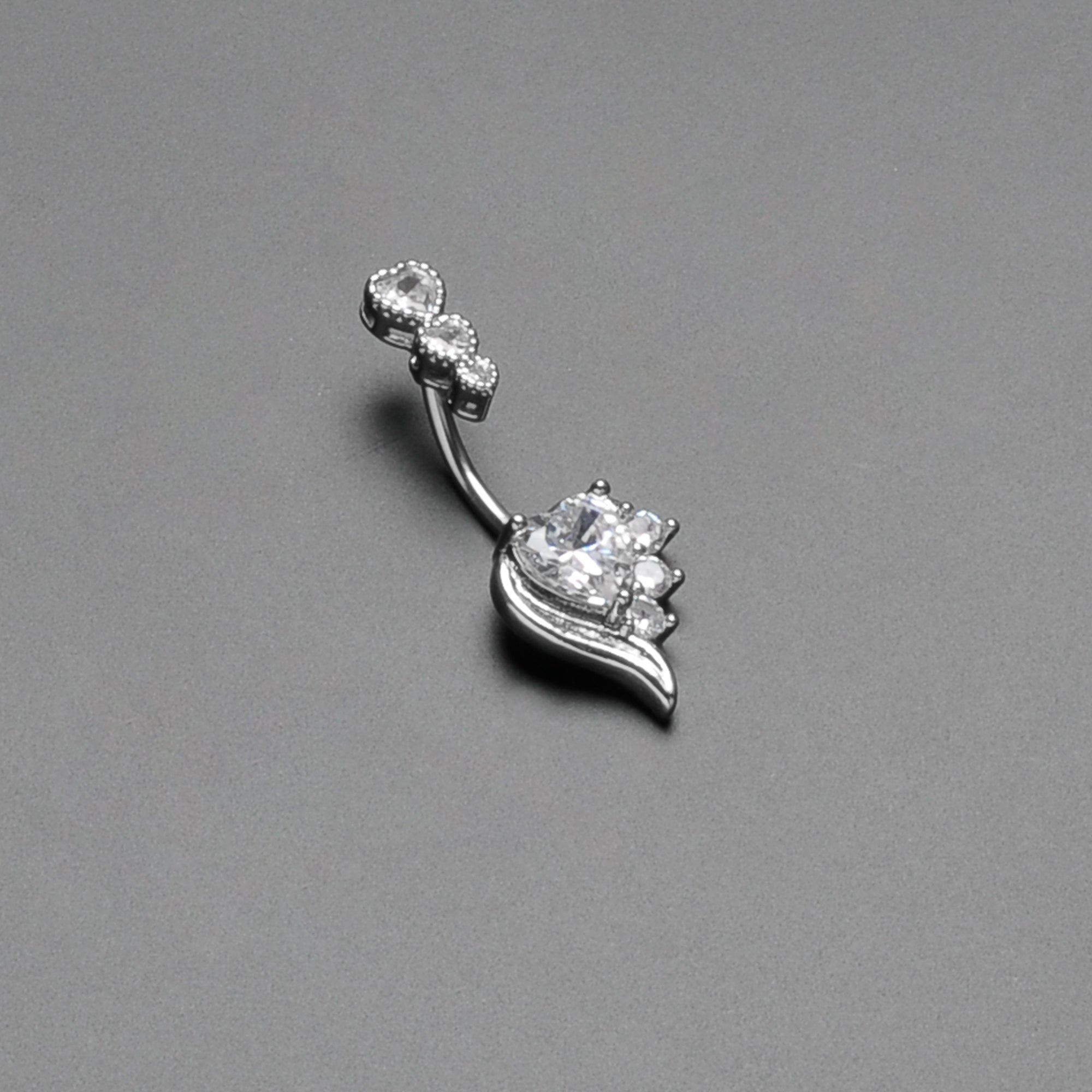 Clear CZ Gem Triple Drop Flare Heart Valentine Double Mount Belly Ring