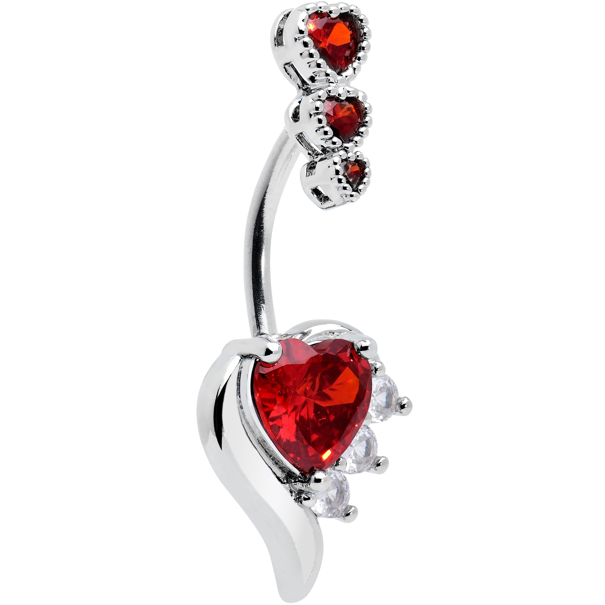 Red CZ Gem Triple Drop Flare Heart Valentine Double Mount Belly Ring