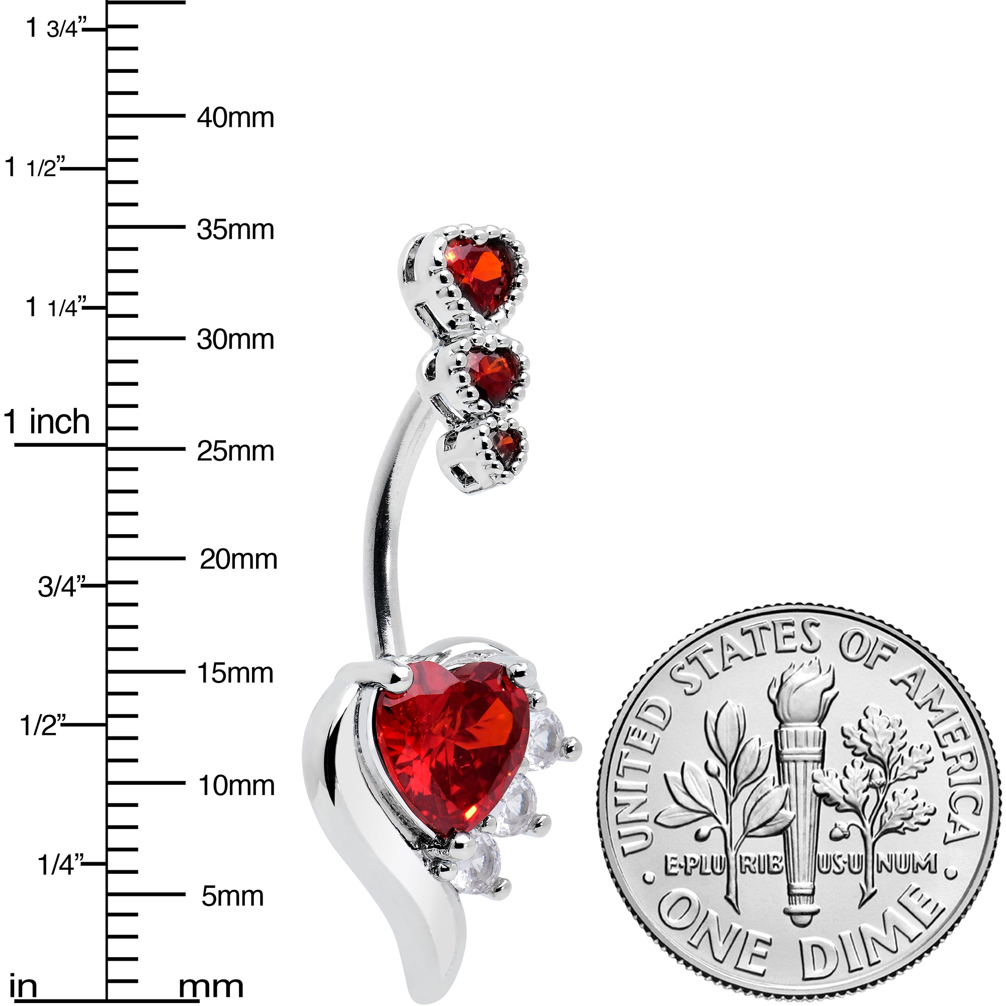 Red CZ Gem Triple Drop Flare Heart Valentine Double Mount Belly Ring