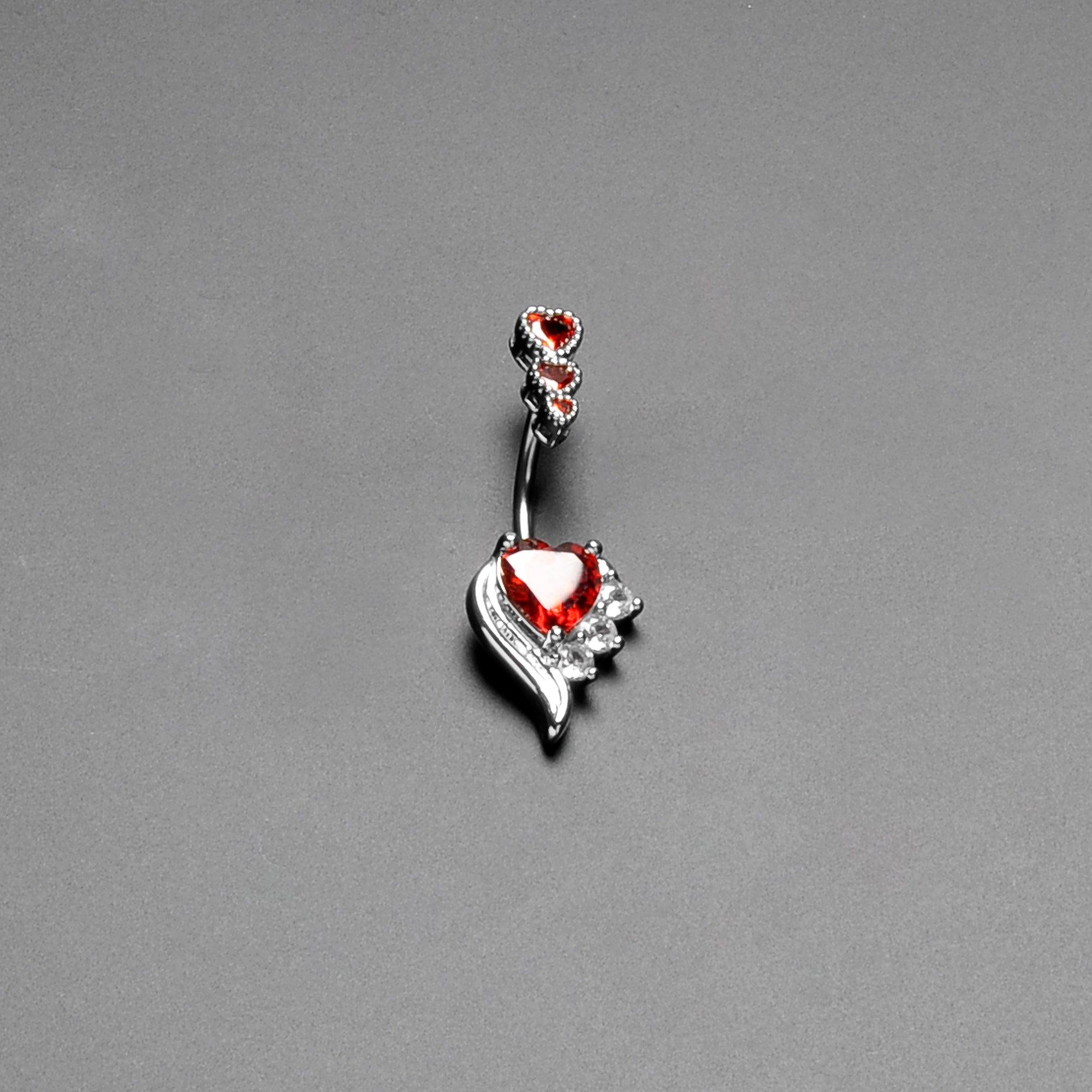 Red CZ Gem Triple Drop Flare Heart Valentine Double Mount Belly Ring