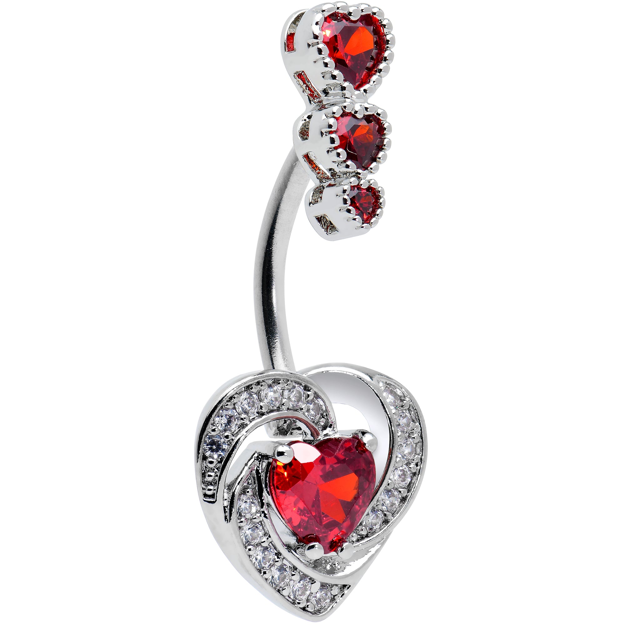 Red CZ Gem Triple Drop Swirl Heart Valentine Double Mount Belly Ring