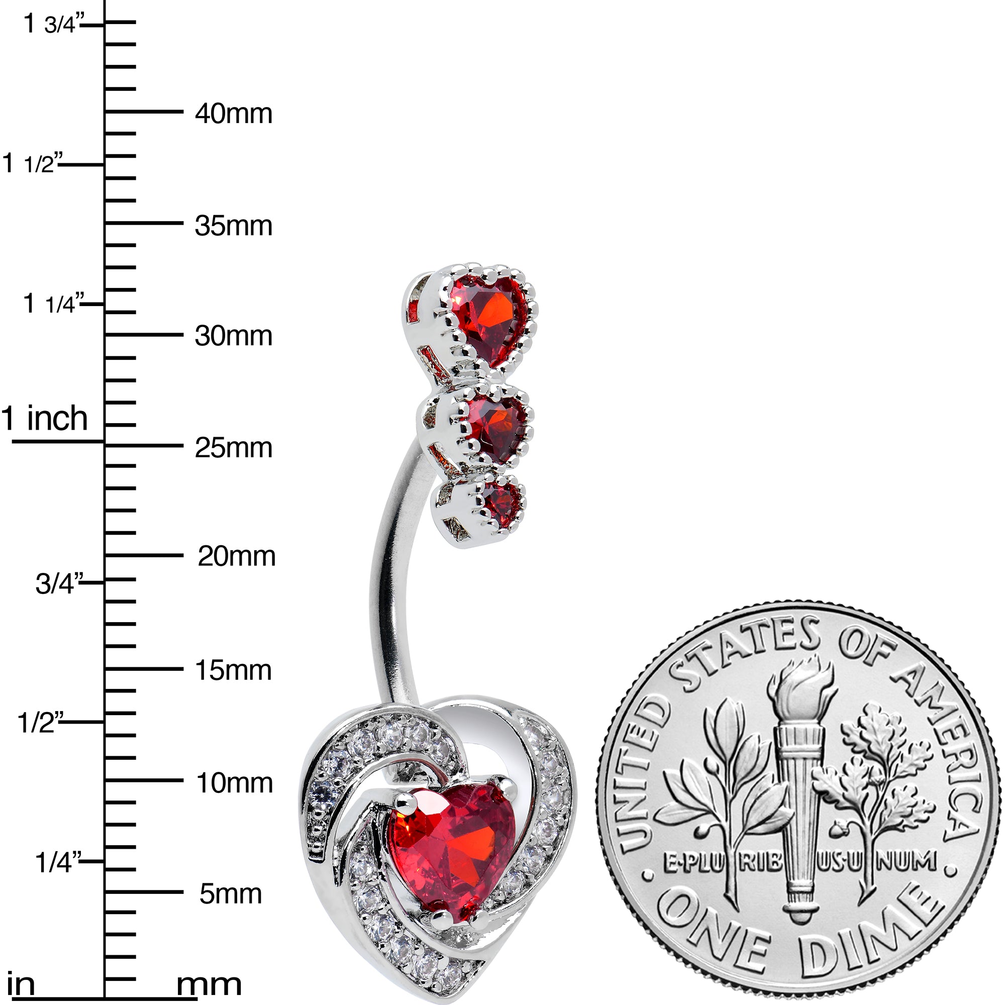 Red CZ Gem Triple Drop Swirl Heart Valentine Double Mount Belly Ring