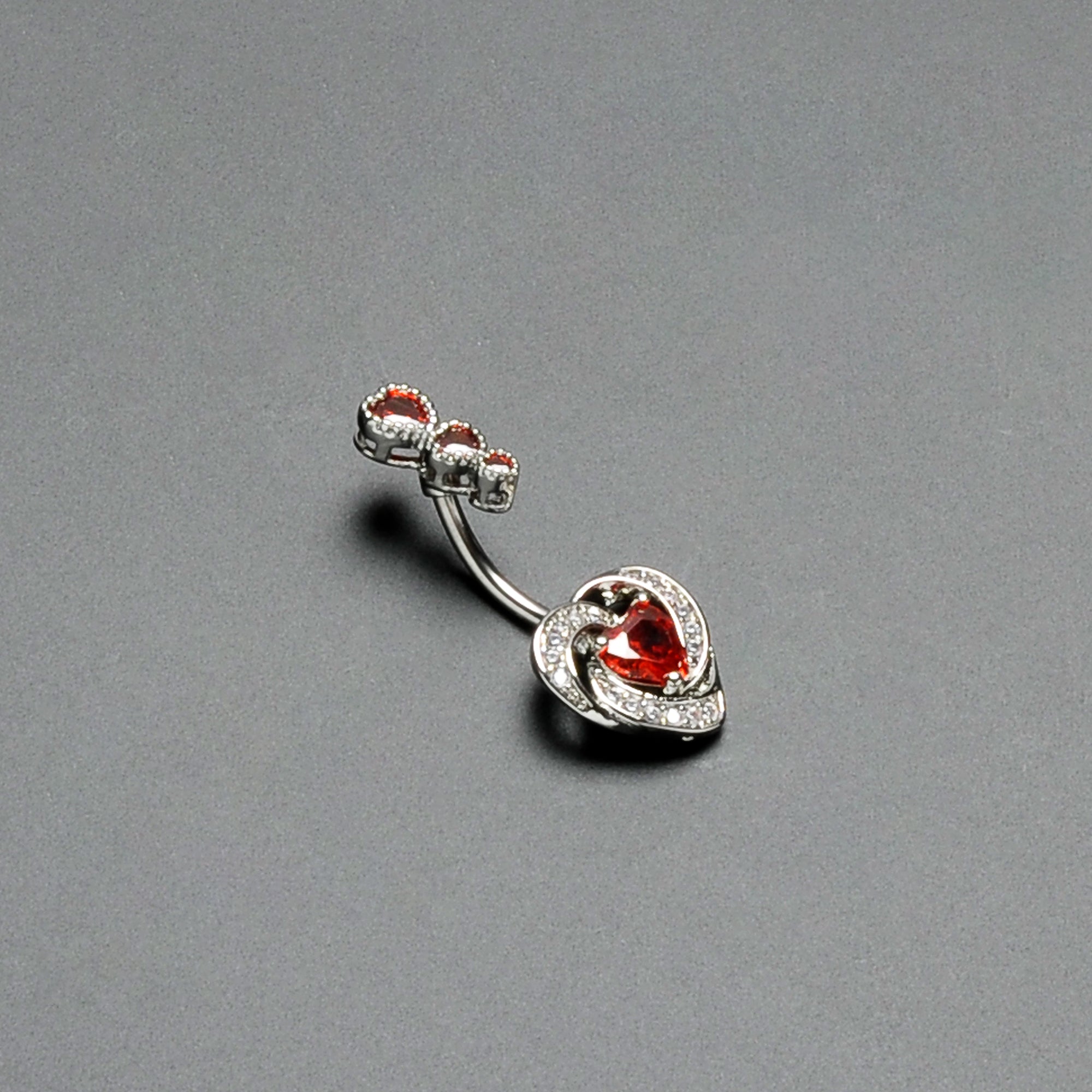 Red CZ Gem Triple Drop Swirl Heart Valentine Double Mount Belly Ring