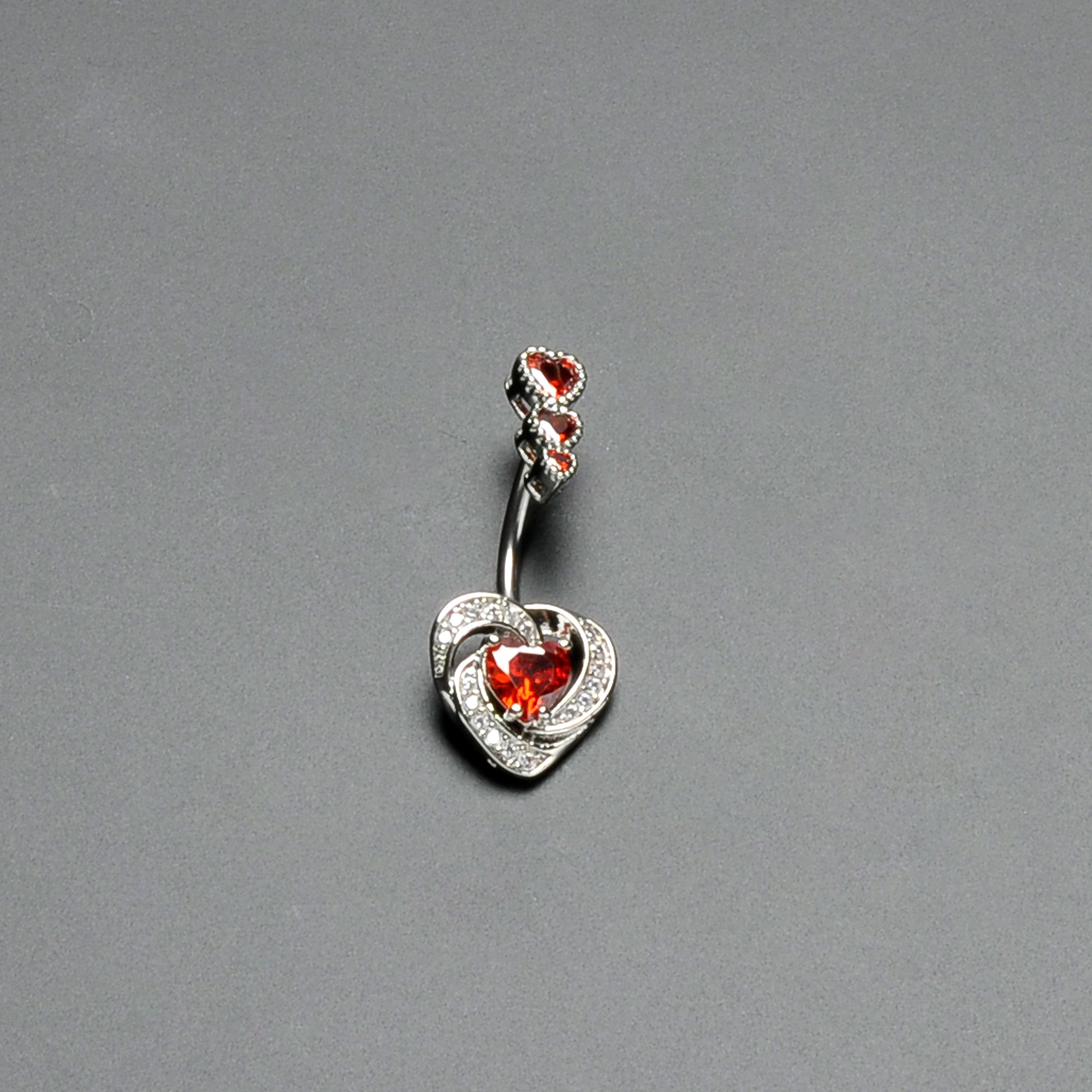 Red CZ Gem Triple Drop Swirl Heart Valentine Double Mount Belly Ring