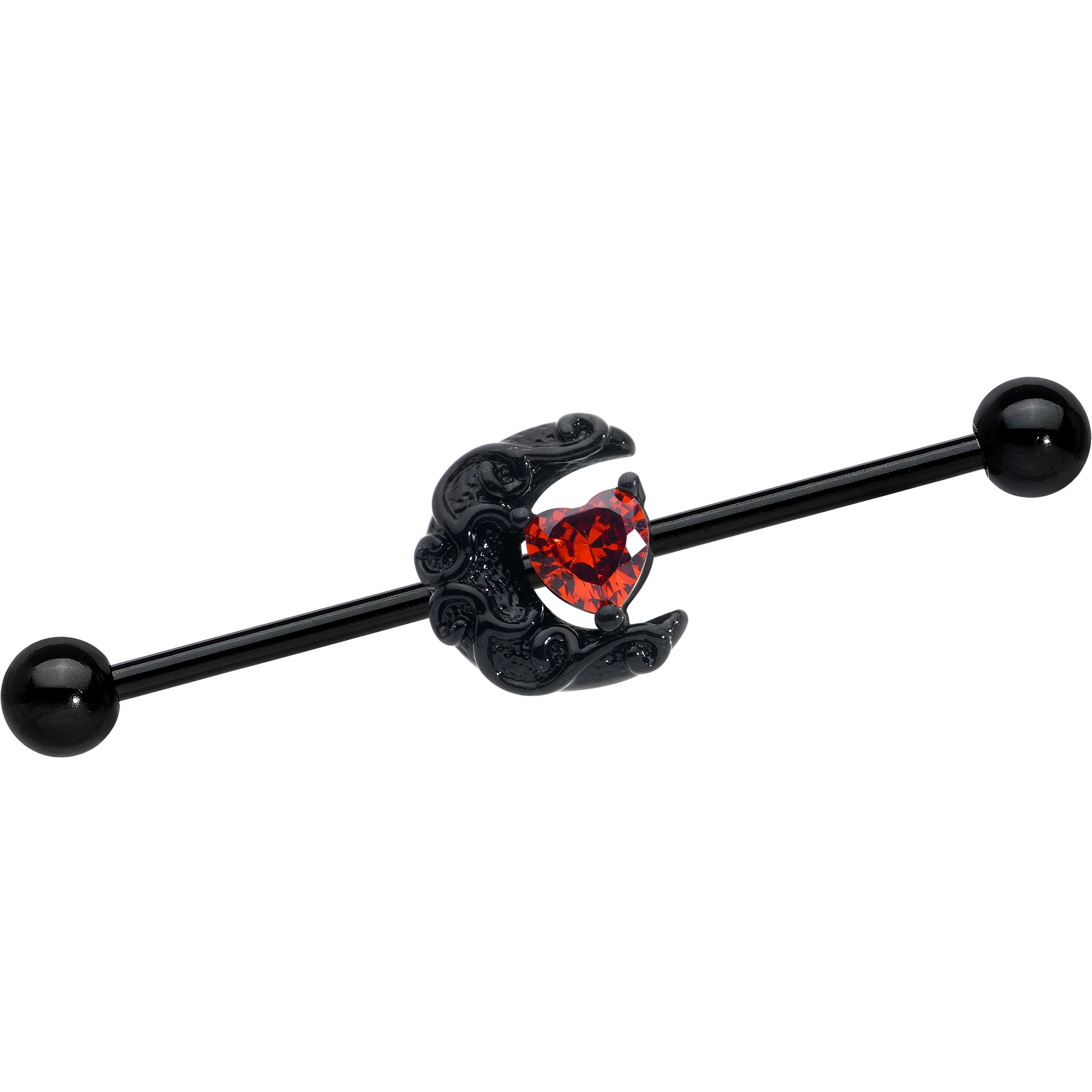 14 Gauge Red CZ Gem Black Scroll Moon Heart Industrial Barbell 38mm