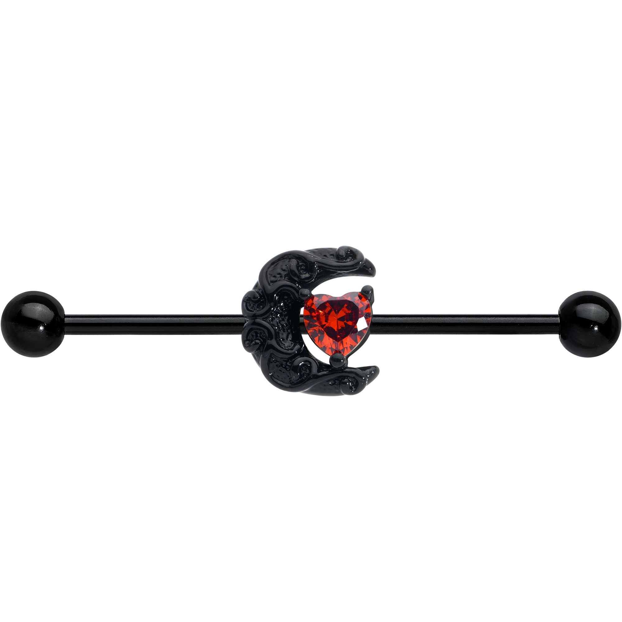 14 Gauge Red CZ Gem Black Scroll Moon Heart Industrial Barbell 38mm