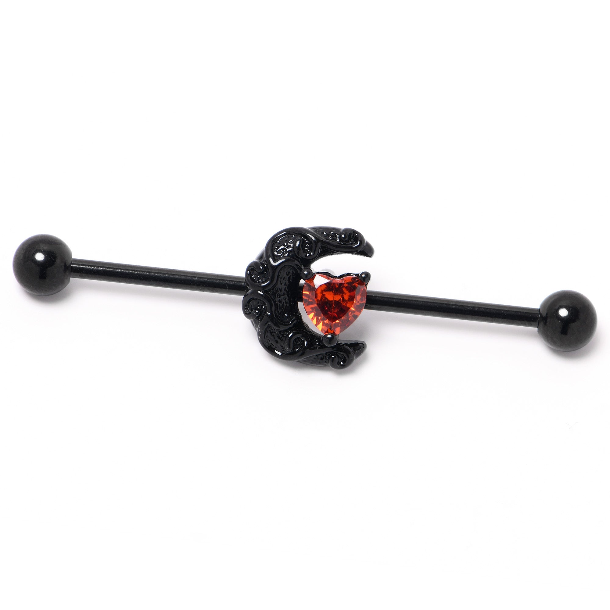 14 Gauge Red CZ Gem Black Scroll Moon Heart Industrial Barbell 38mm