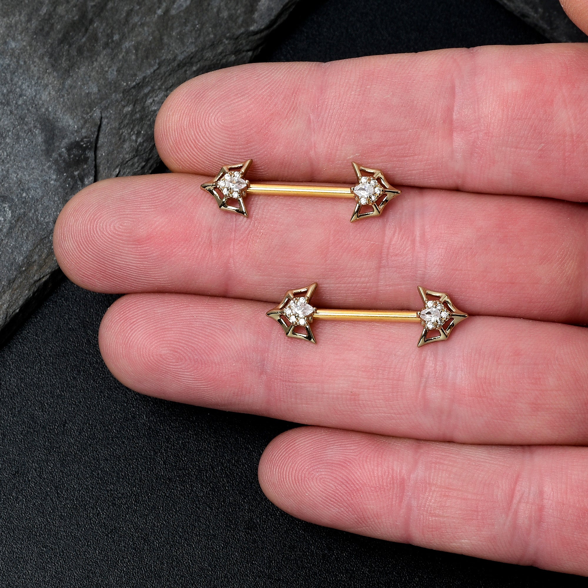 14 Gauge 5/8 Clear Gem Gold Tone Spider Bat Barbell Nipple Ring Set