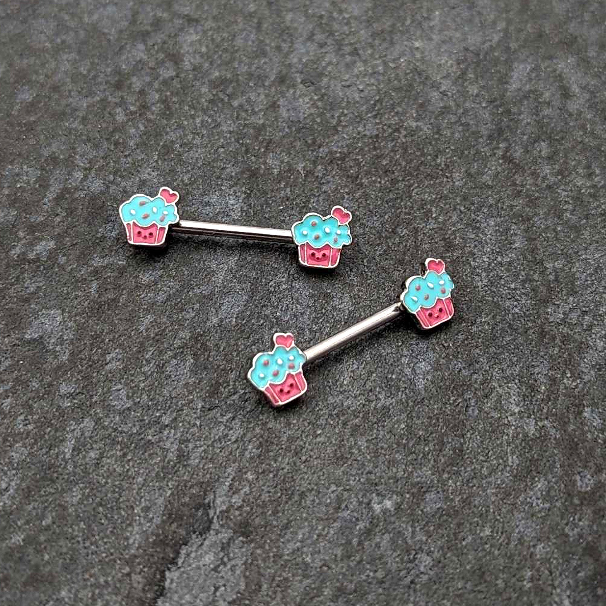 14 Gauge 9/16 Sweet Happy Cupcake Barbell Nipple Ring Set