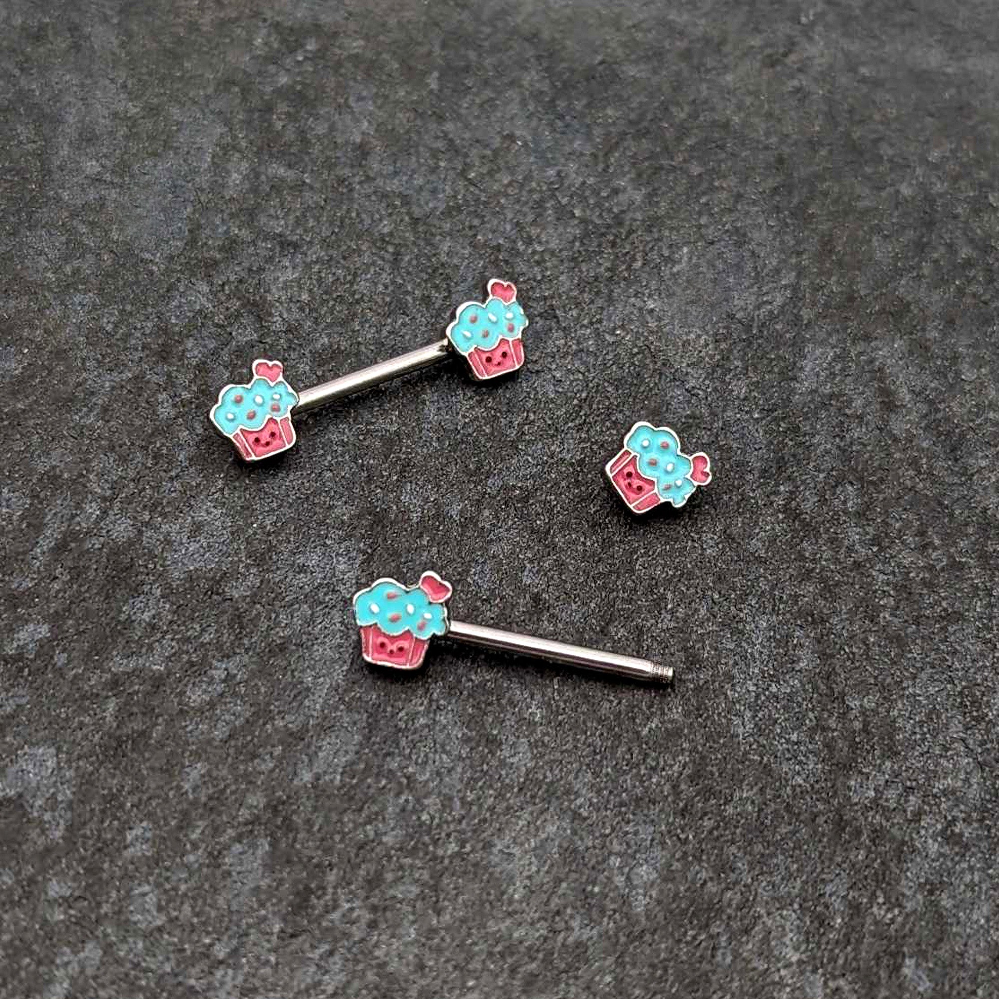 14 Gauge 9/16 Sweet Happy Cupcake Barbell Nipple Ring Set