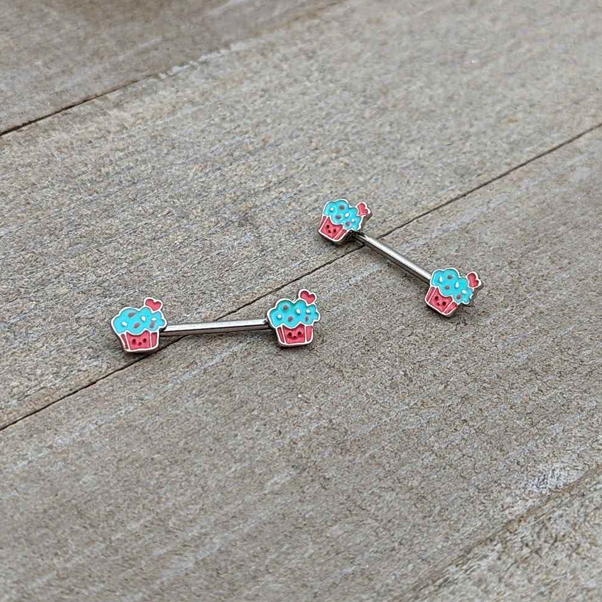 14 Gauge 9/16 Sweet Happy Cupcake Barbell Nipple Ring Set