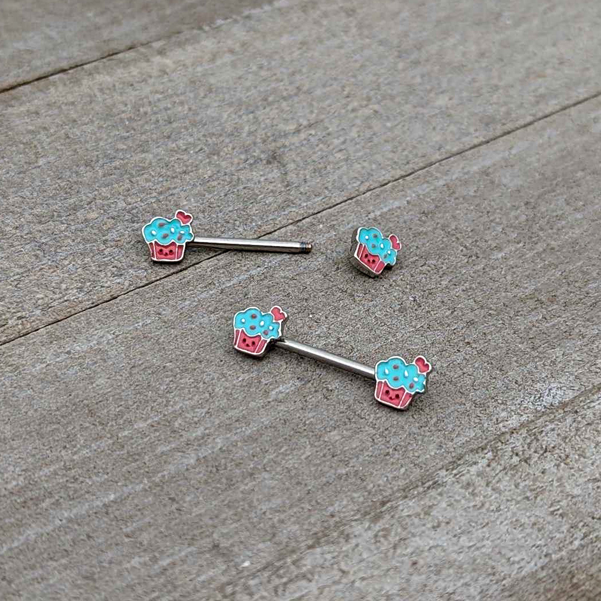 14 Gauge 9/16 Sweet Happy Cupcake Barbell Nipple Ring Set