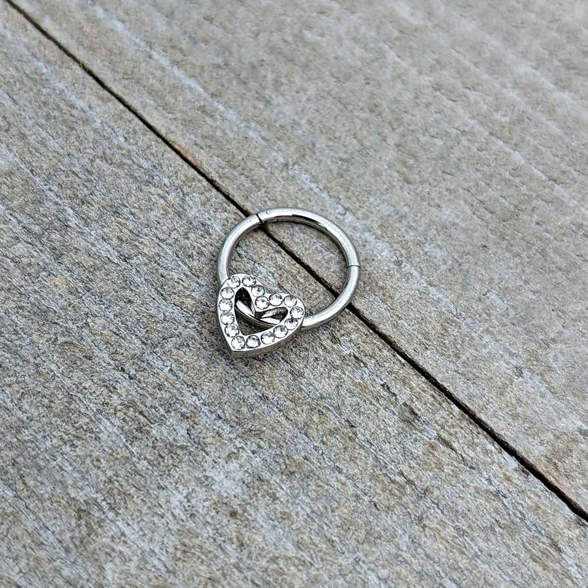 16 Gauge 3/8 Clear Gem Open Heart Valentine Hinged Segment Ring