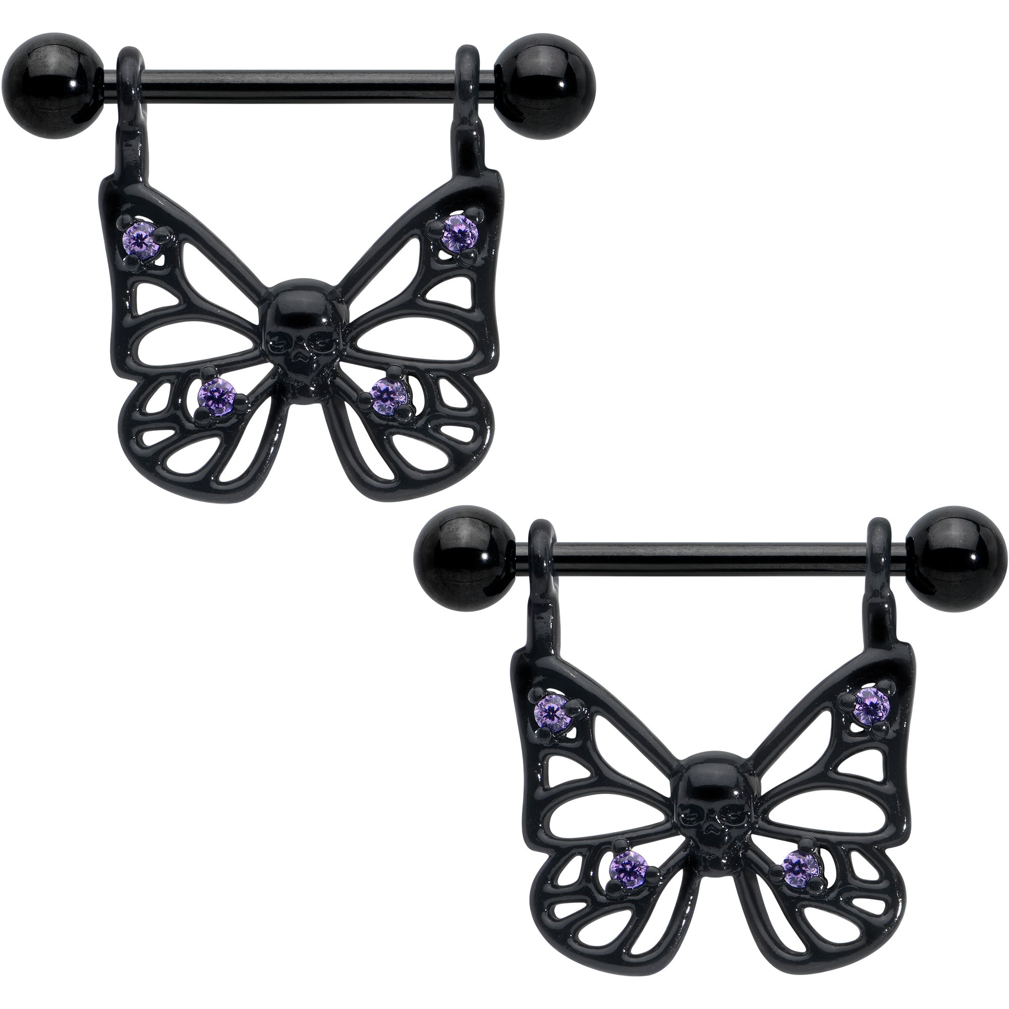 14 Gauge 11/16 Purple CZ Gem Black Skull Butterfly Dangle Nipple Ring Set