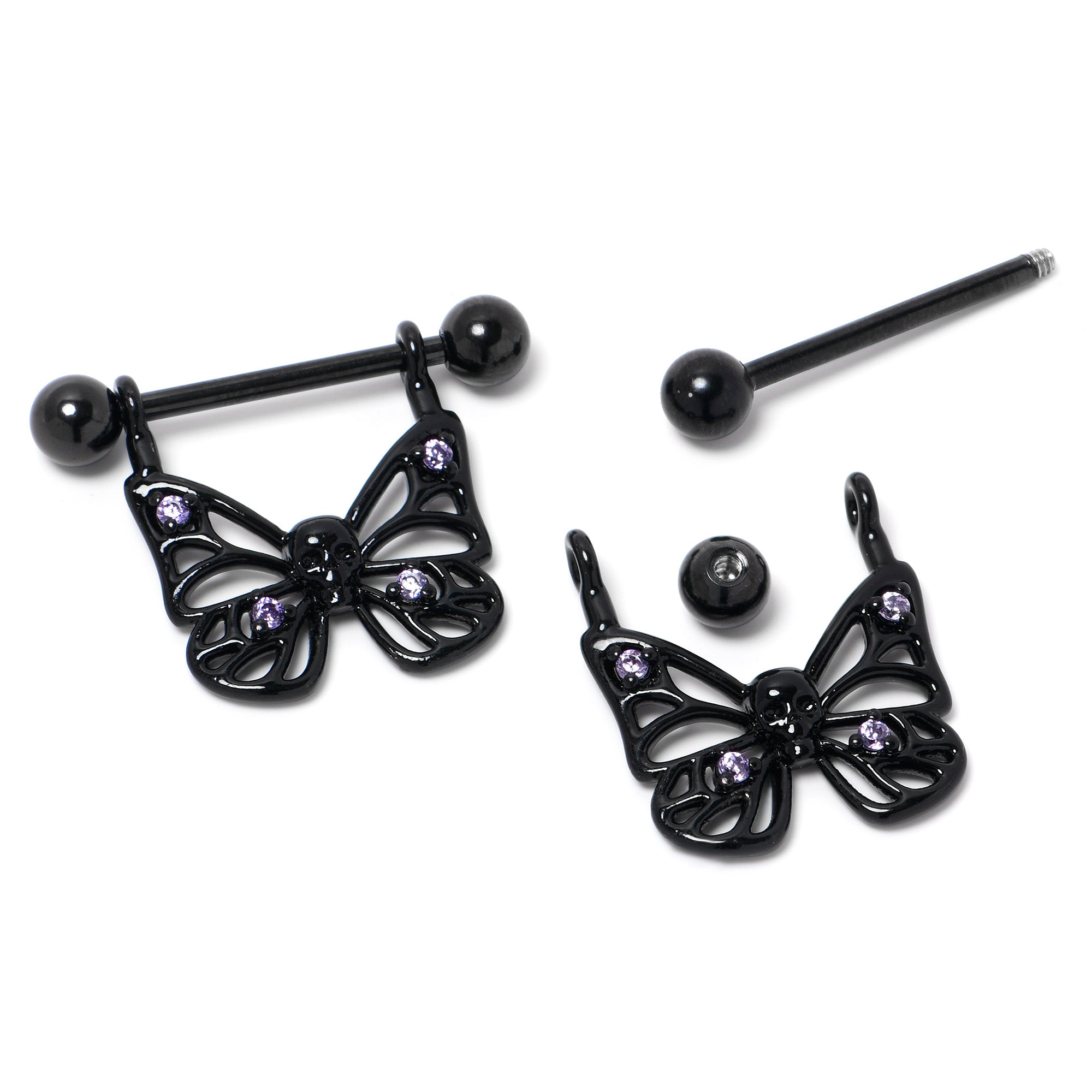 14 Gauge 11/16 Purple CZ Gem Black Skull Butterfly Dangle Nipple Ring Set