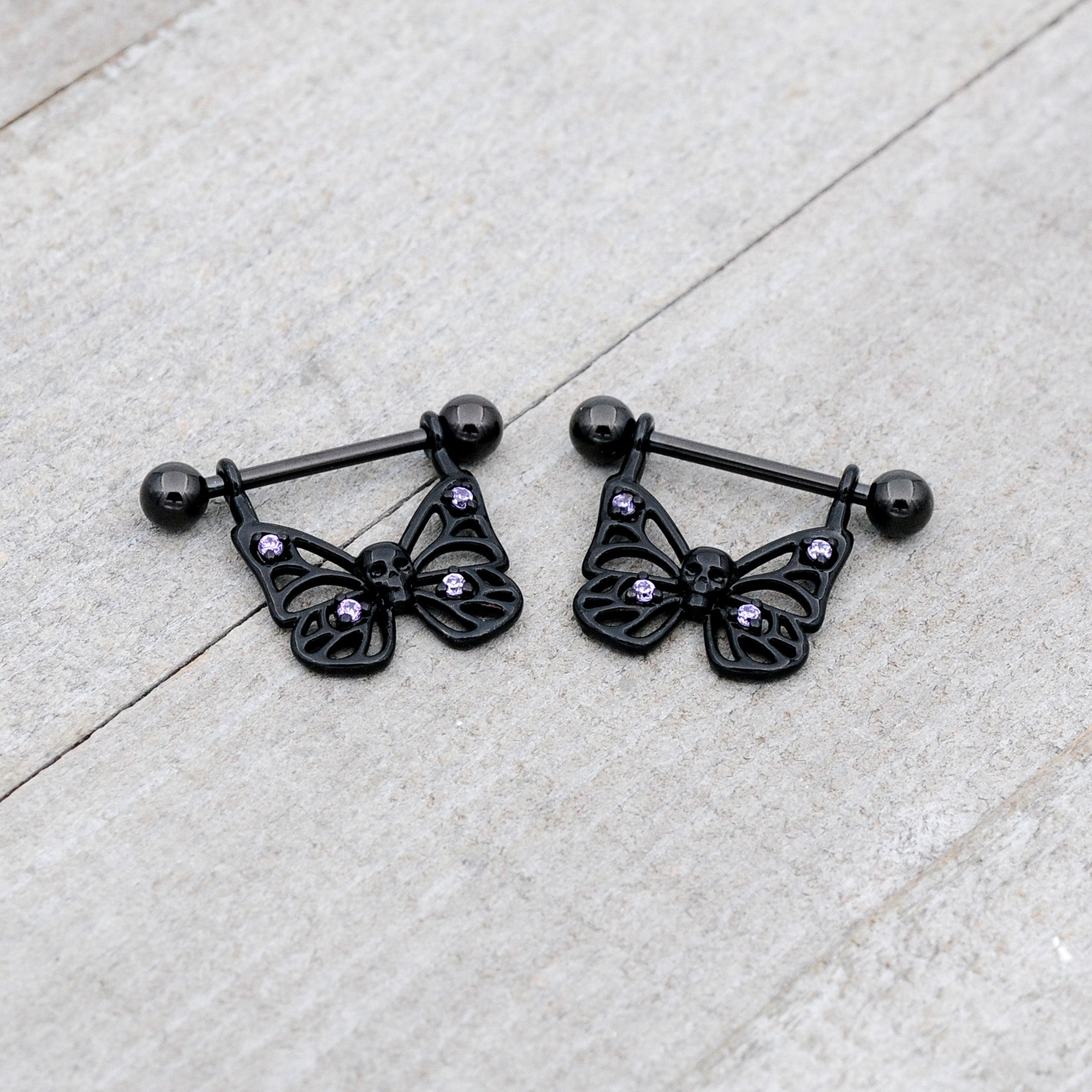 14 Gauge 11/16 Purple CZ Gem Black Skull Butterfly Dangle Nipple Ring Set