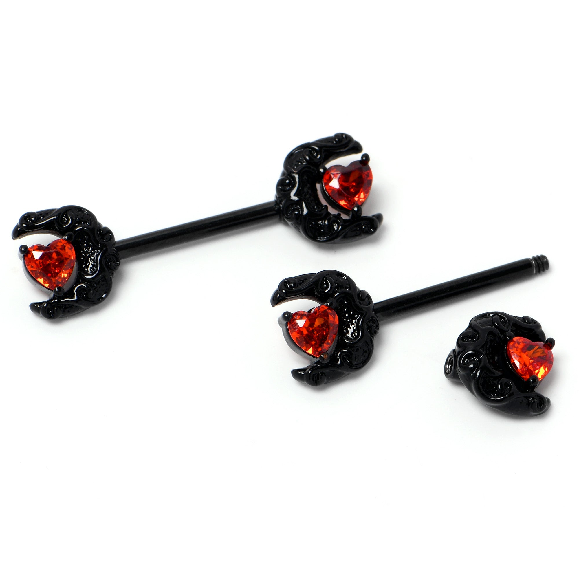 14 Gauge 9/16 Red CZ Gem Black Scroll Moon Heart Barbell Nipple Ring Set