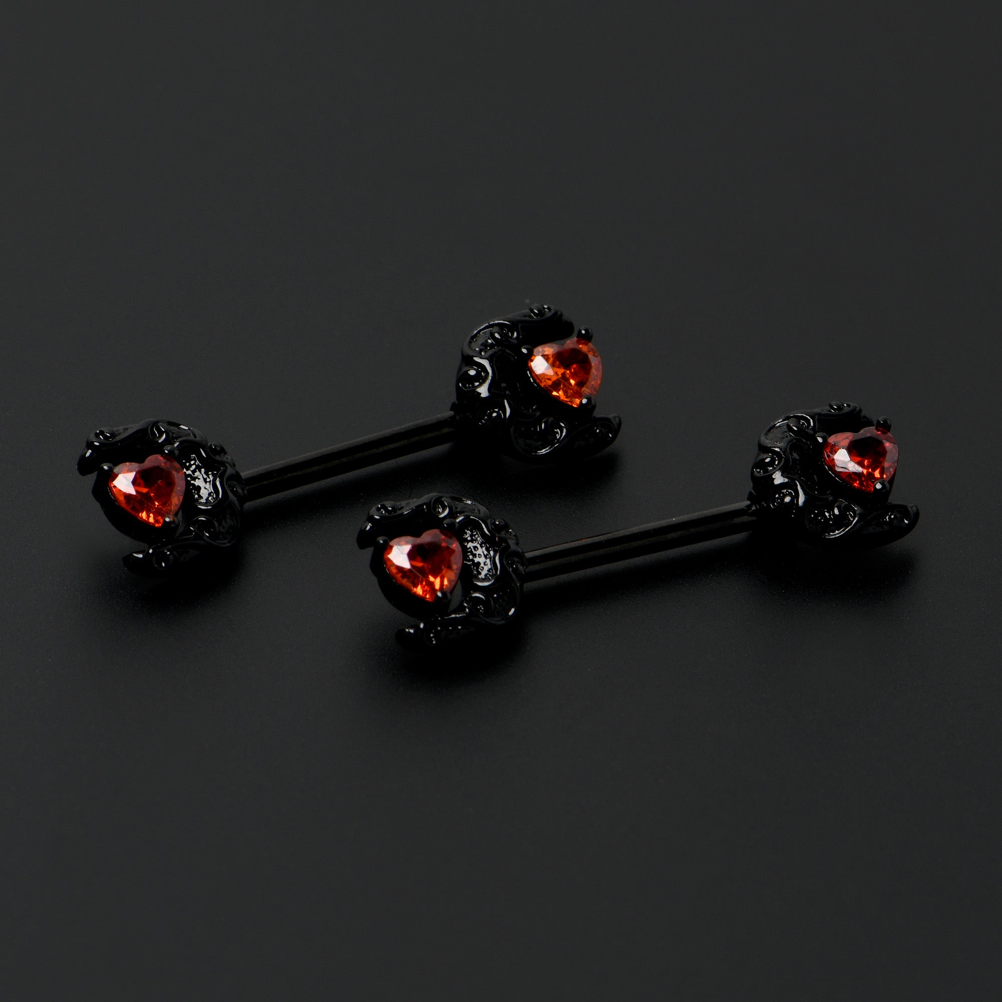 14 Gauge 9/16 Red CZ Gem Black Scroll Moon Heart Barbell Nipple Ring Set