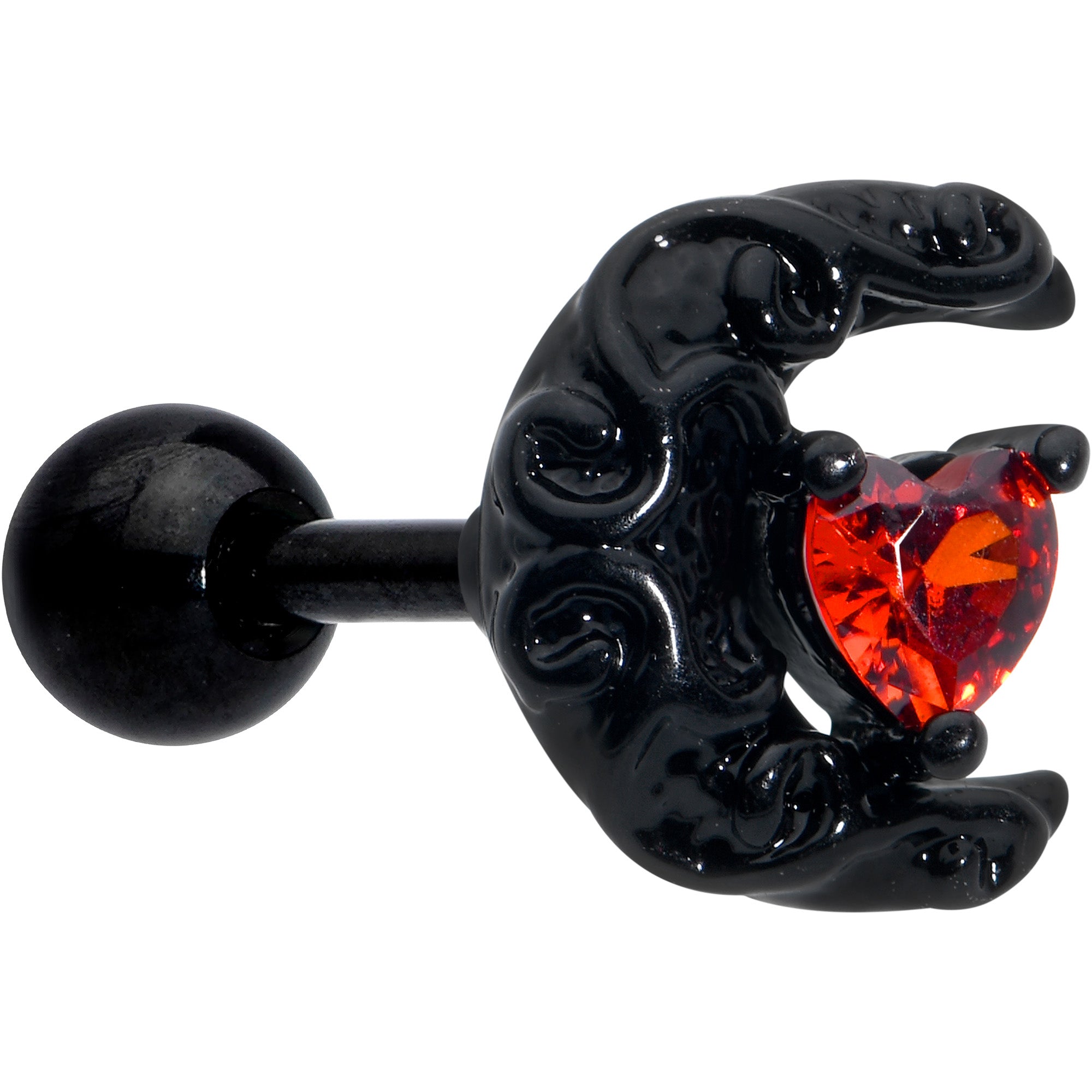 16 Gauge 1/4 Red CZ Gem Black Scroll Moon Heart Cartilage Tragus Earring