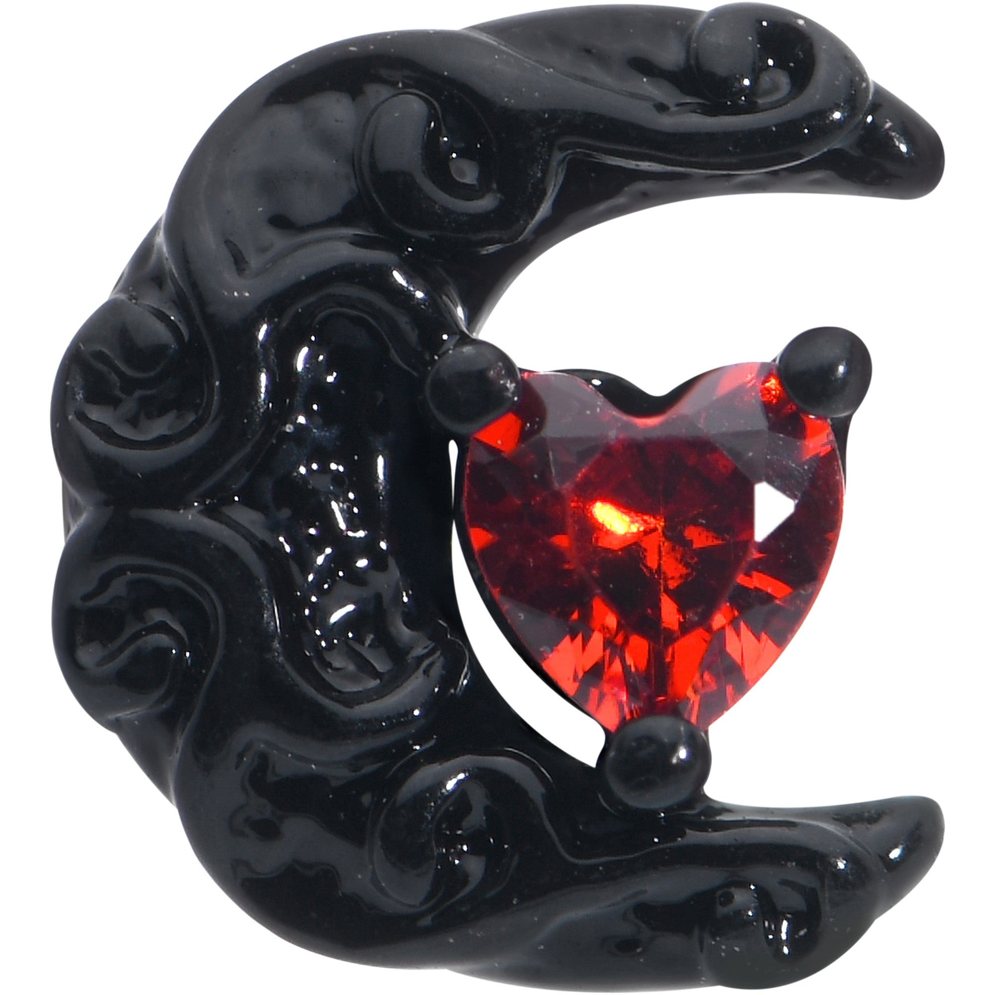 16 Gauge 1/4 Red CZ Gem Black Scroll Moon Heart Cartilage Tragus Earring