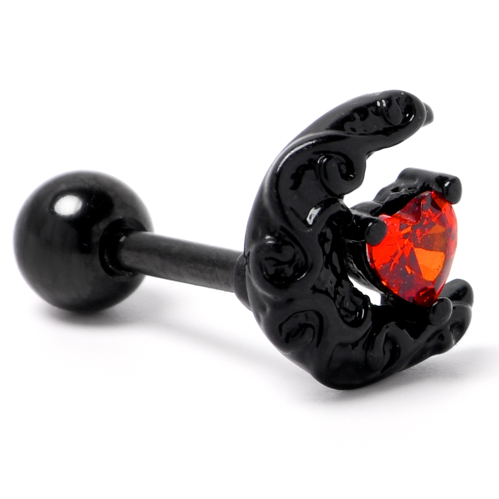 16 Gauge 1/4 Red CZ Gem Black Scroll Moon Heart Cartilage Tragus Earring