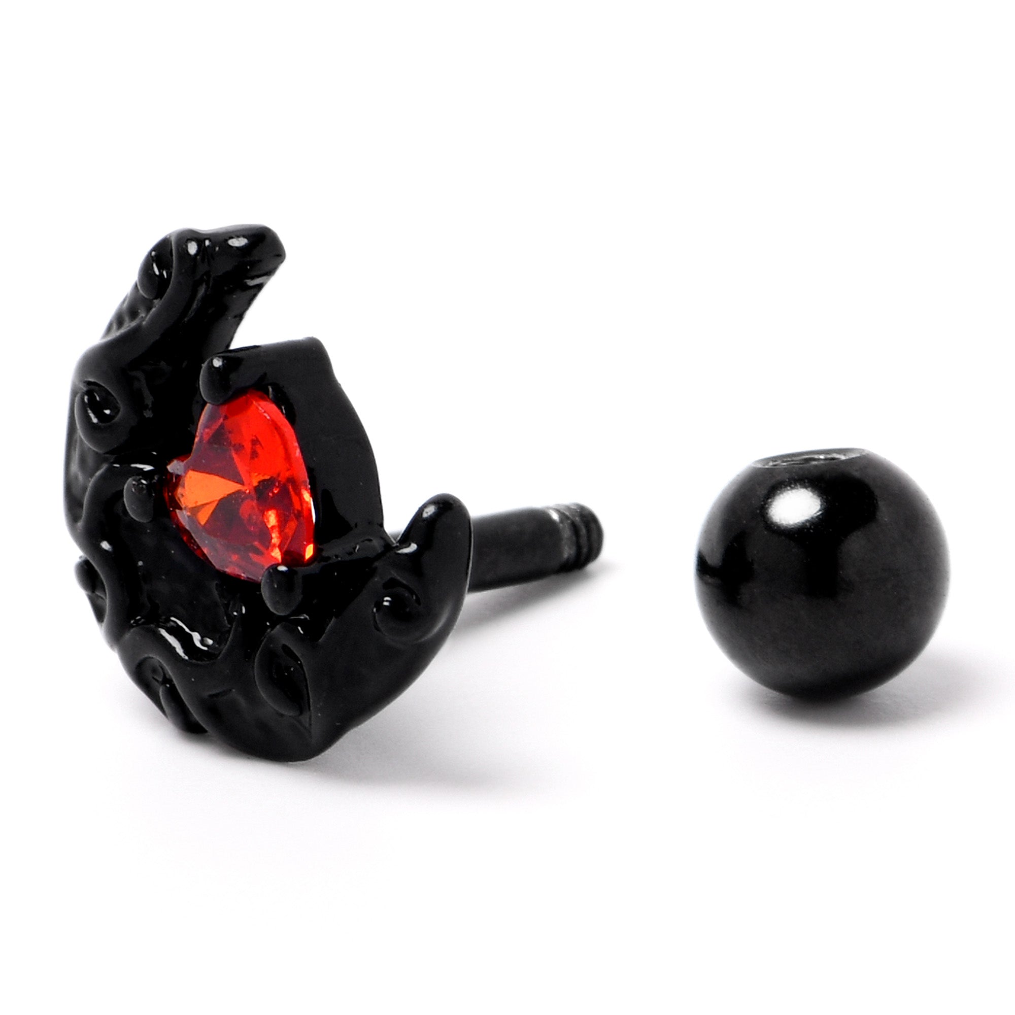 16 Gauge 1/4 Red CZ Gem Black Scroll Moon Heart Cartilage Tragus Earring