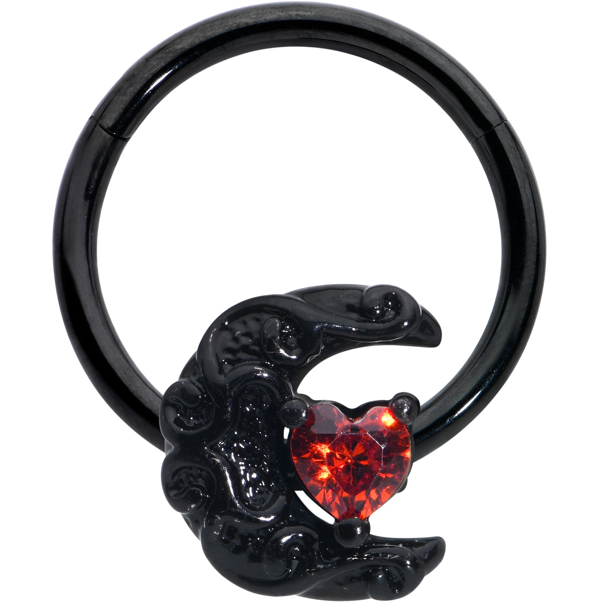 16 Gauge 3/8 Red CZ Gem Black Scroll Moon Heart Hinged Segment Ring