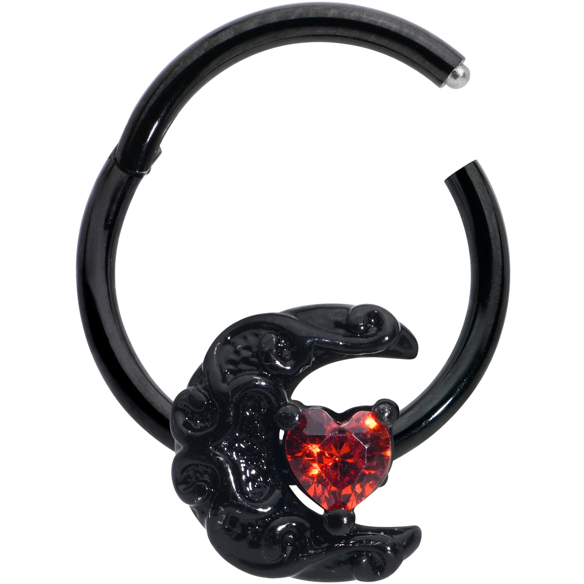 16 Gauge 3/8 Red CZ Gem Black Scroll Moon Heart Hinged Segment Ring