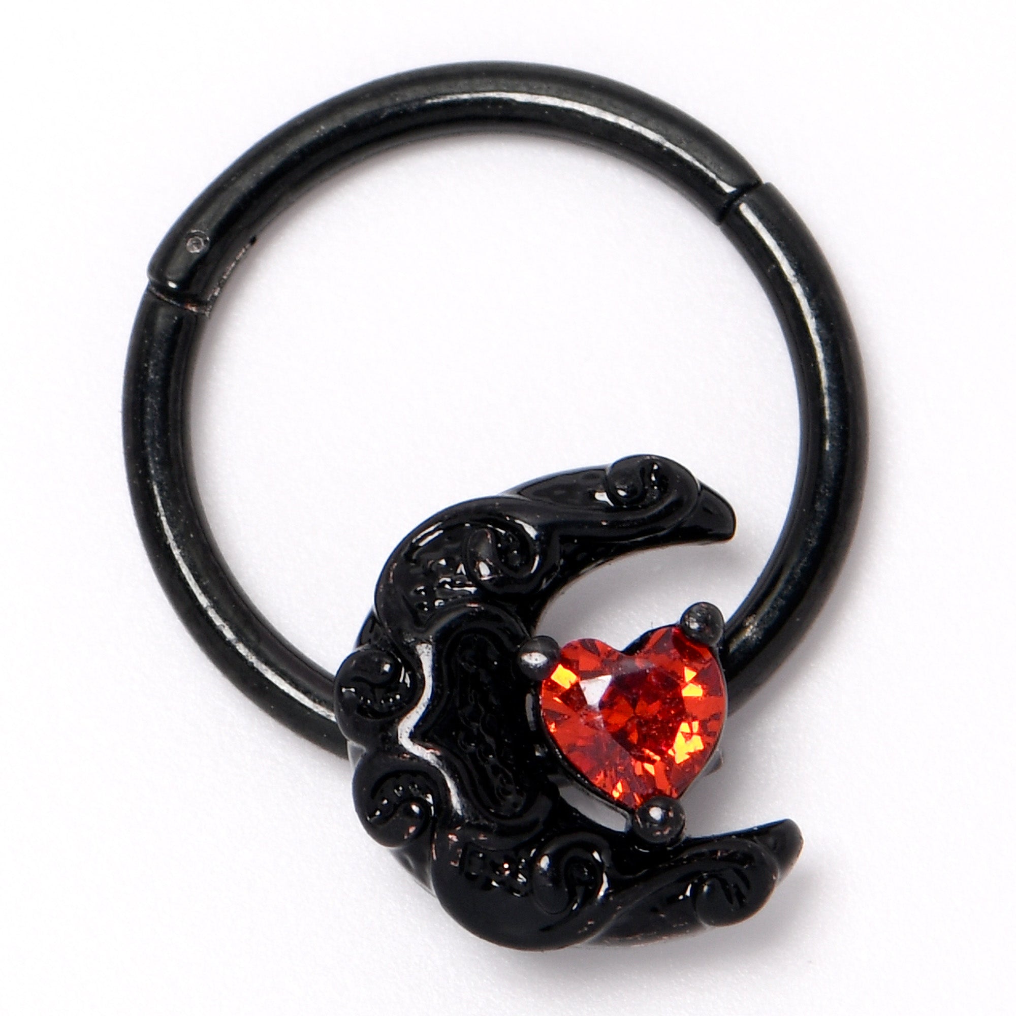 16 Gauge 3/8 Red CZ Gem Black Scroll Moon Heart Hinged Segment Ring