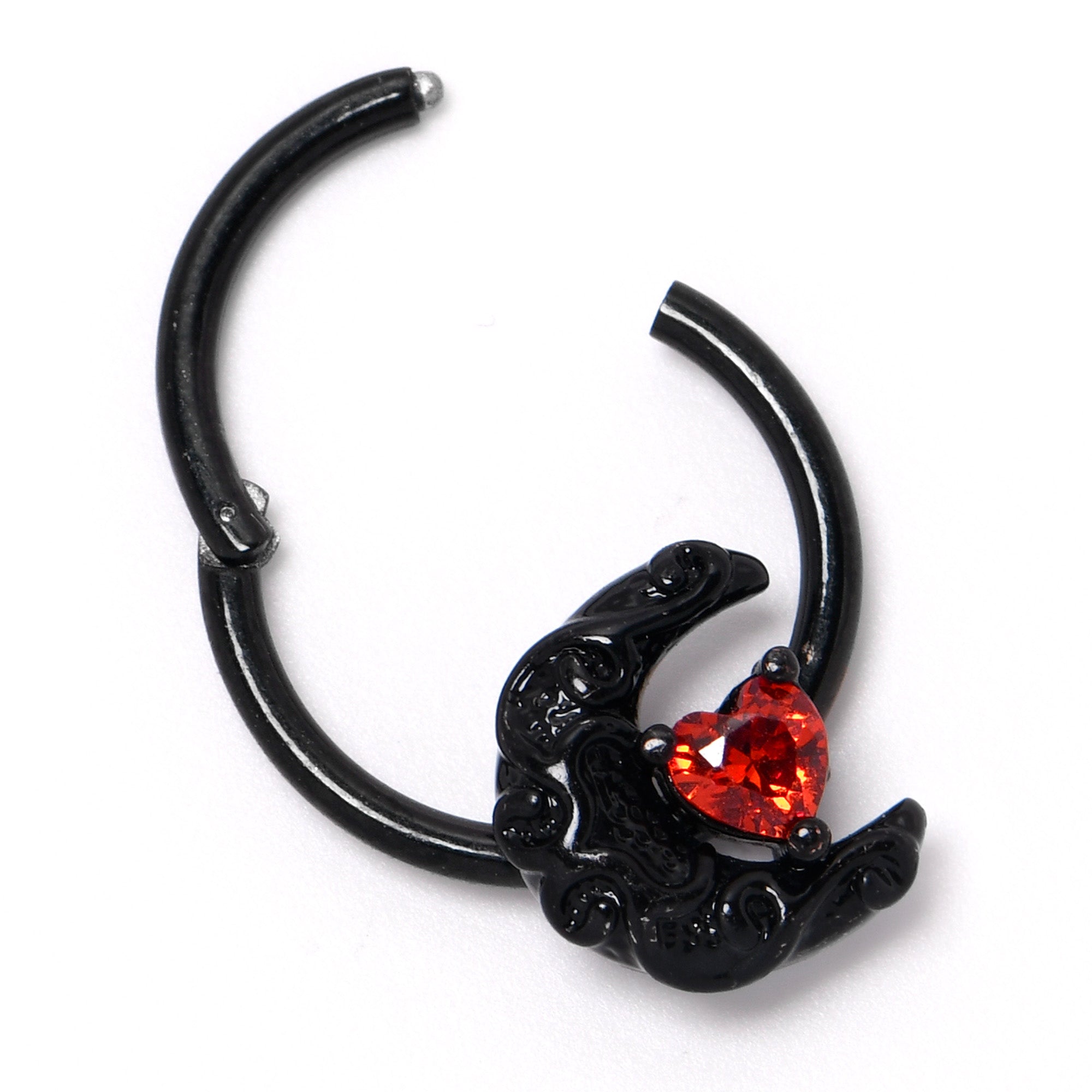 16 Gauge 3/8 Red CZ Gem Black Scroll Moon Heart Hinged Segment Ring