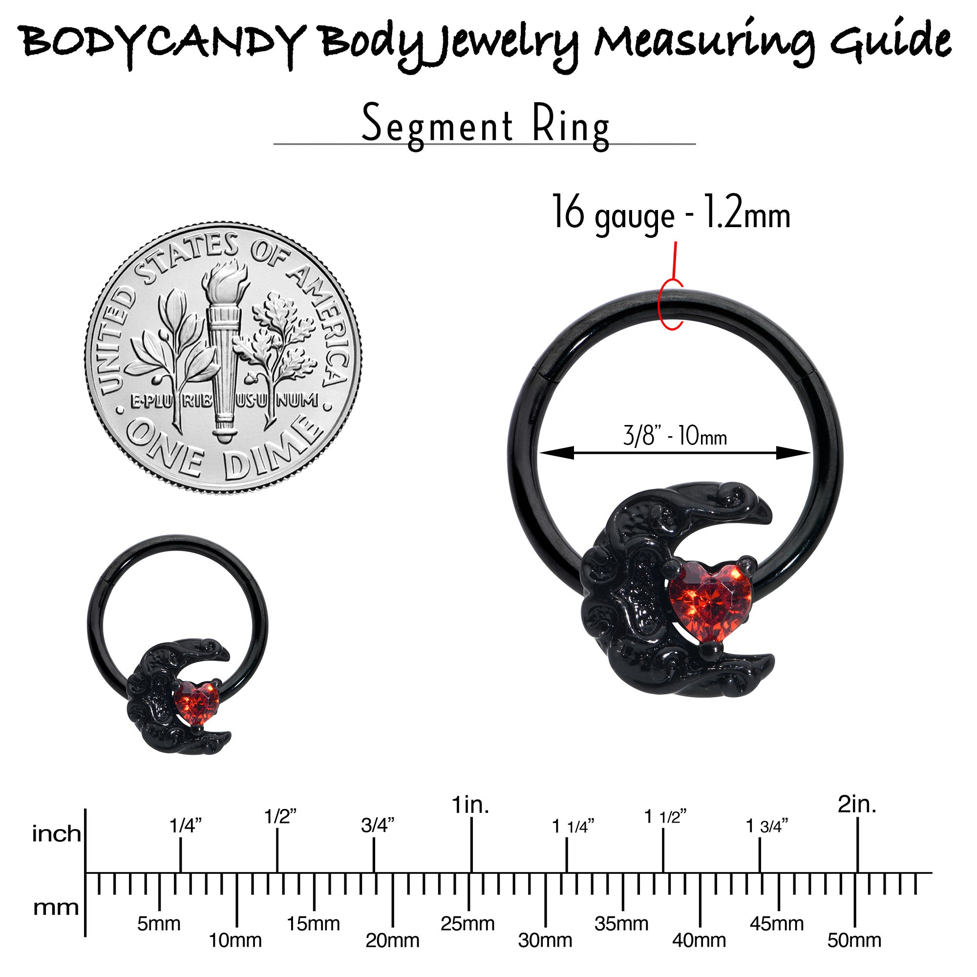 16 Gauge 3/8 Red CZ Gem Black Scroll Moon Heart Hinged Segment Ring