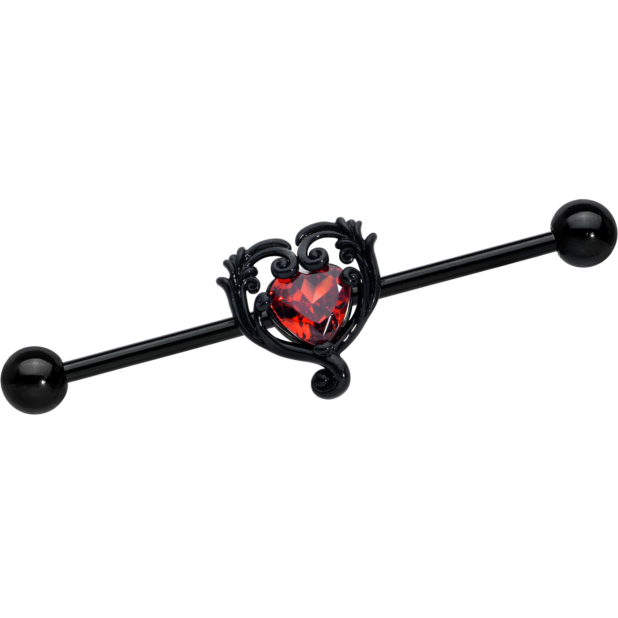 14 Gauge Red CZ Gem Black Passion Heart Industrial Barbell 38mm